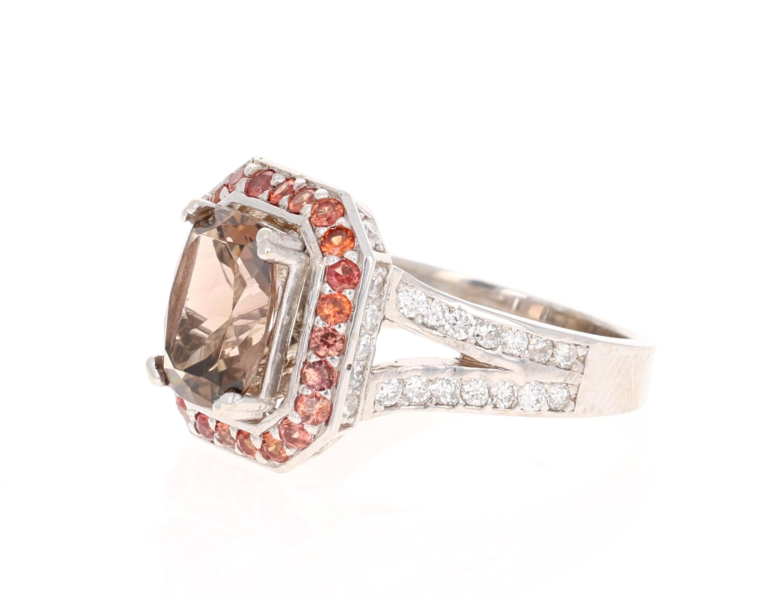 Oval Cut 4.88 Carat Tourmaline Diamond Orange Sapphire 14 Karat White Gold Ring For Sale
