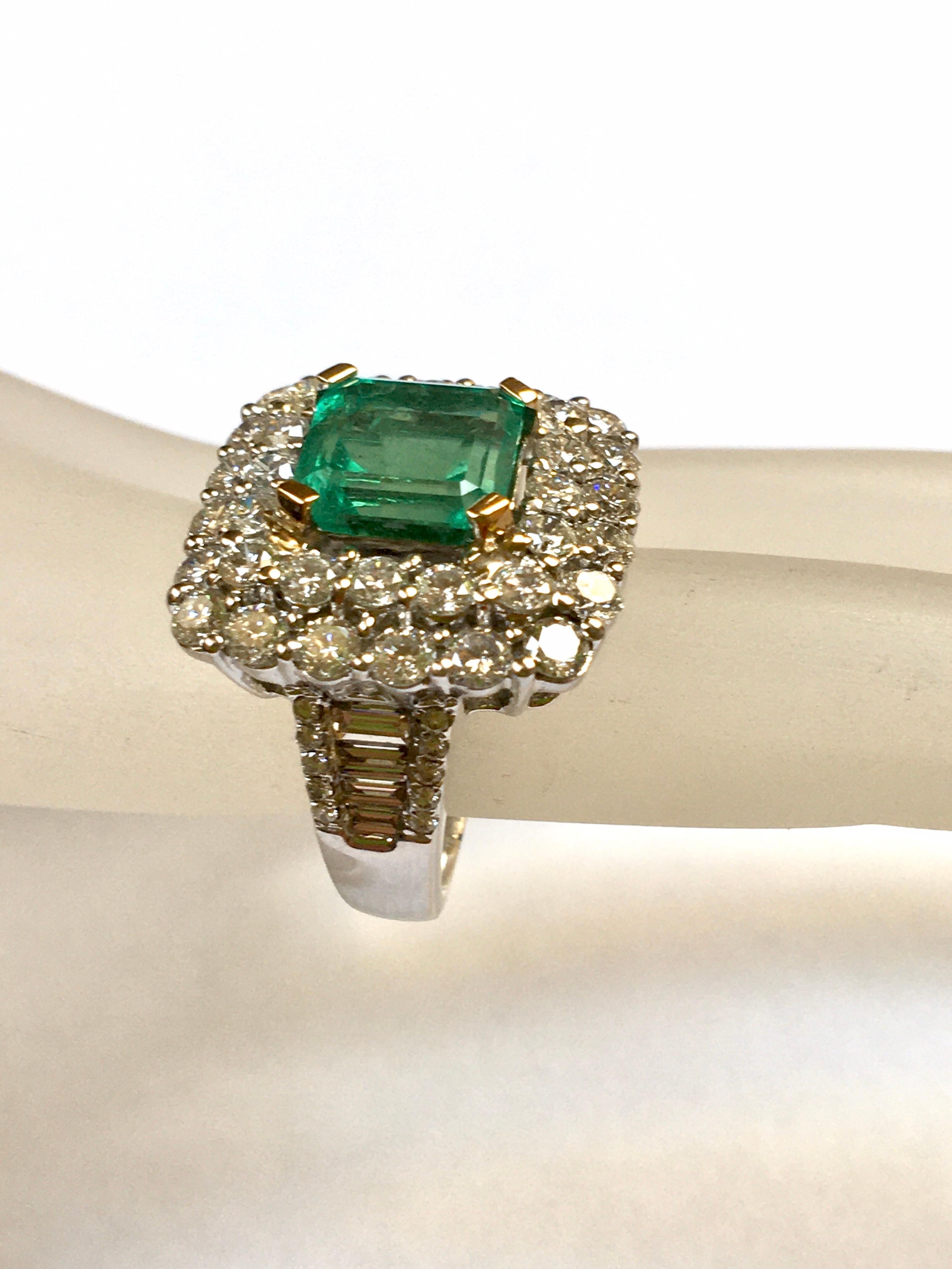 Emerald Cut 4.88 Ct Colombian Emerald 5.03 Ct Diamond Dress Ring Set in 18 Karat White Gold For Sale