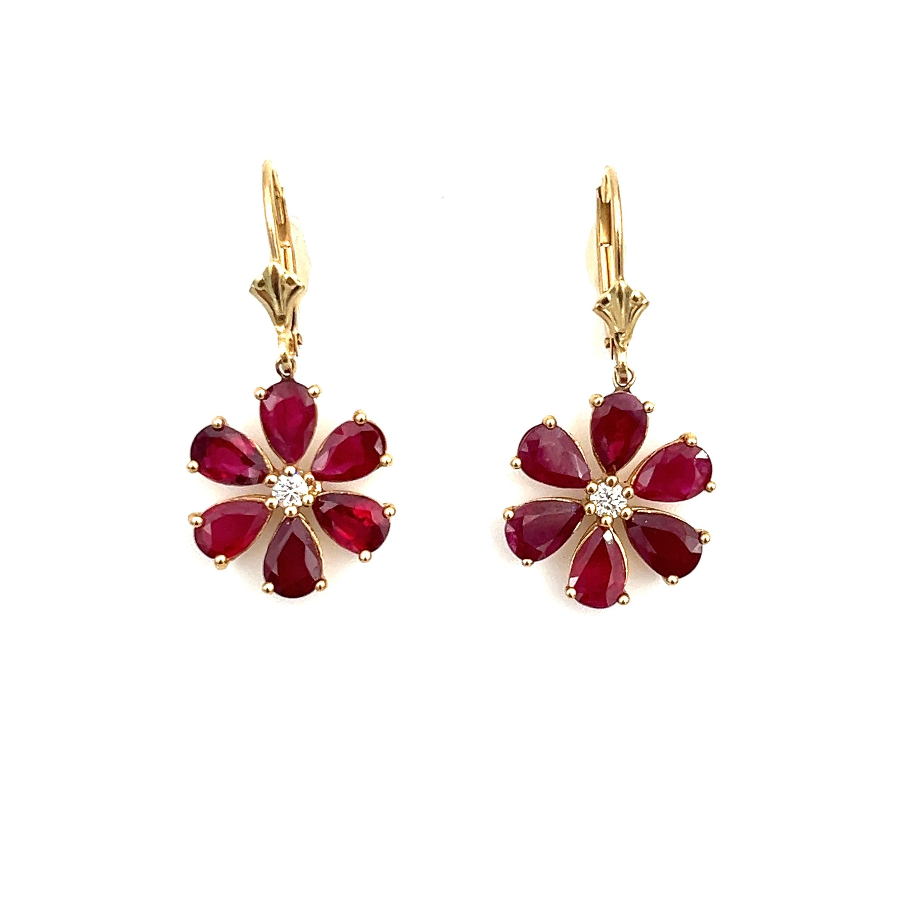 Pear Cut 4.88 ct Natural Ruby & Diamond Flower Shaped Earrings For Sale