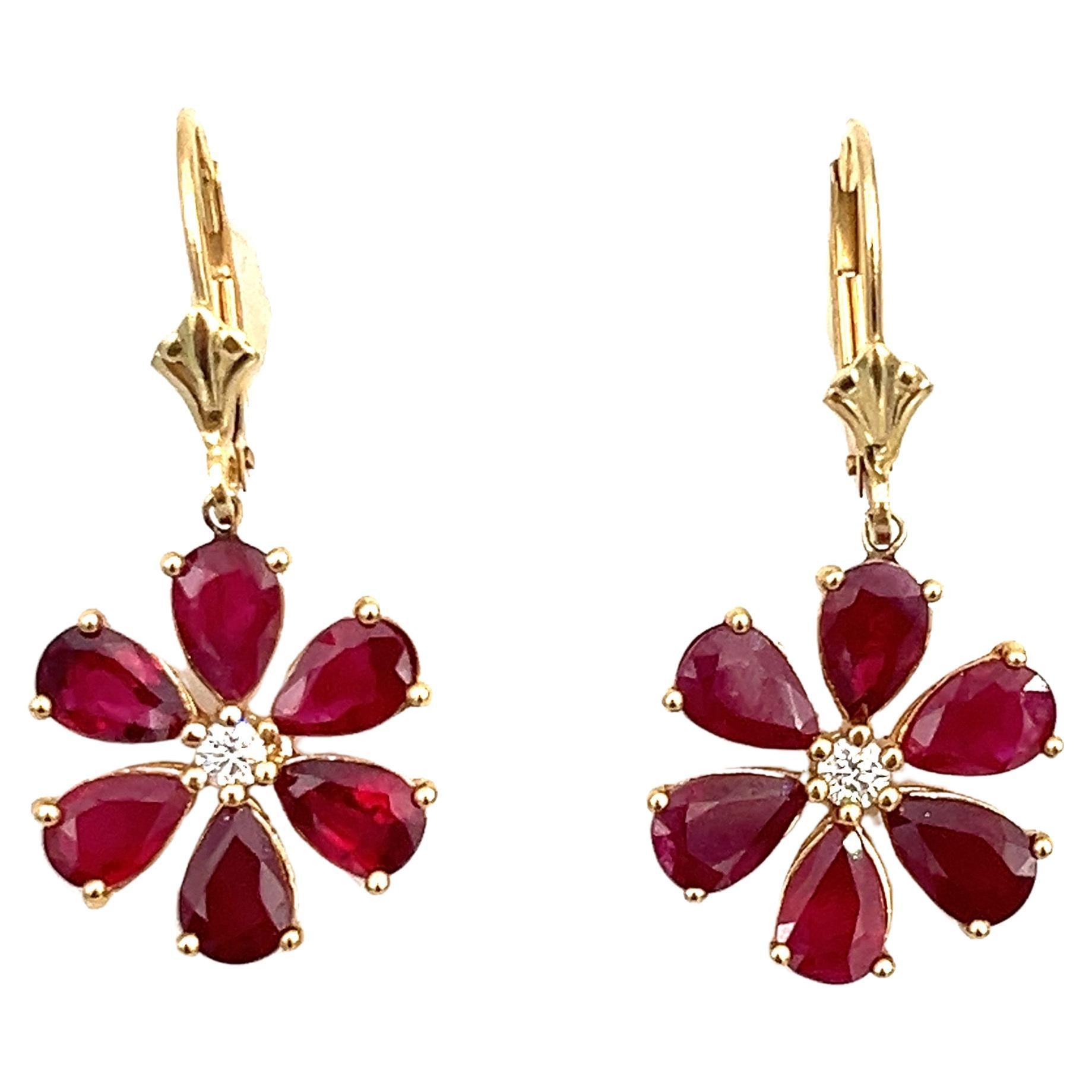 4.88 ct Natural Ruby & Diamond Flower Shaped Earrings For Sale