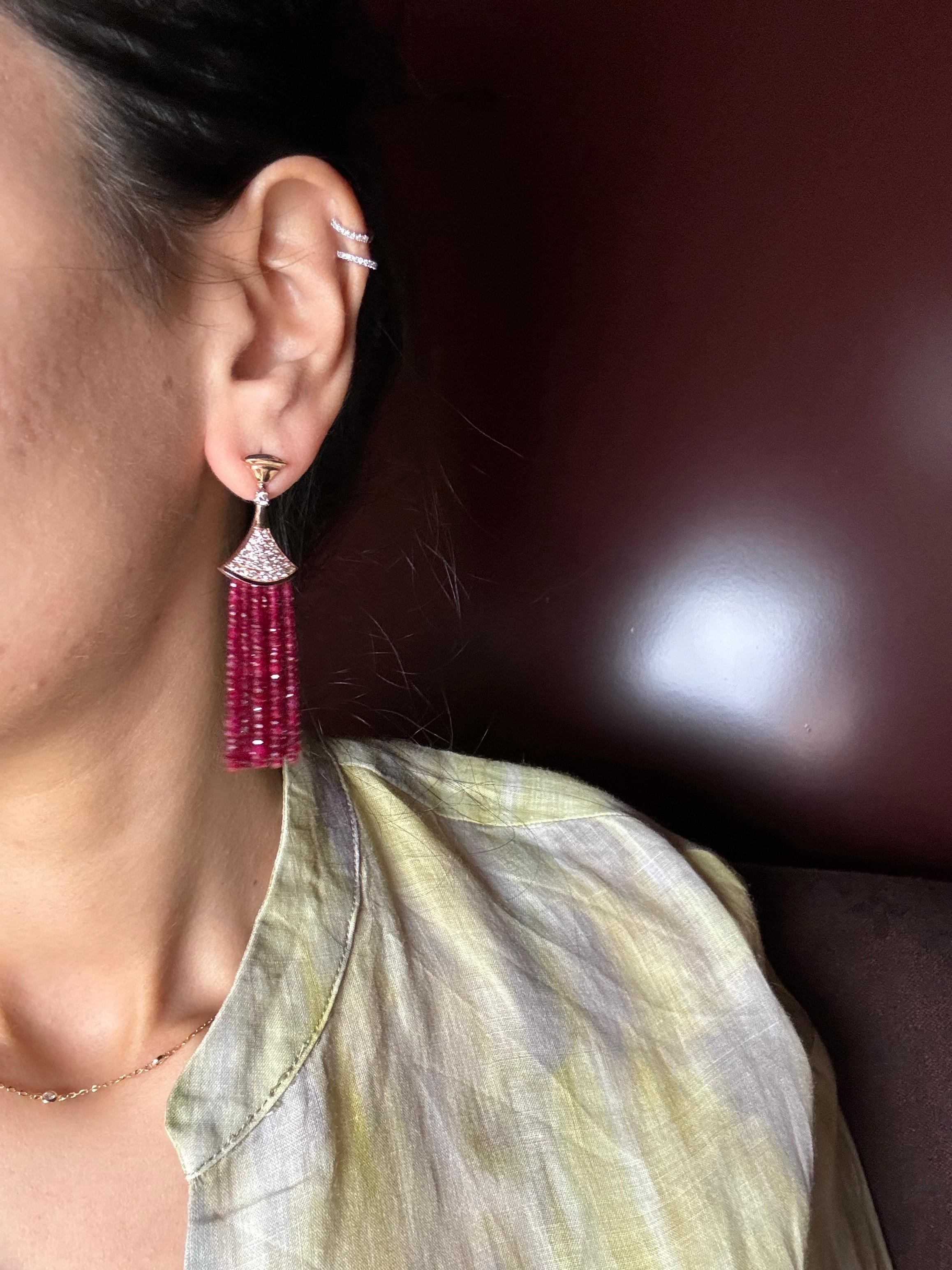 Art Deco 48.81 Carat Ruby Beads and Diamond Dangle Earrings For Sale