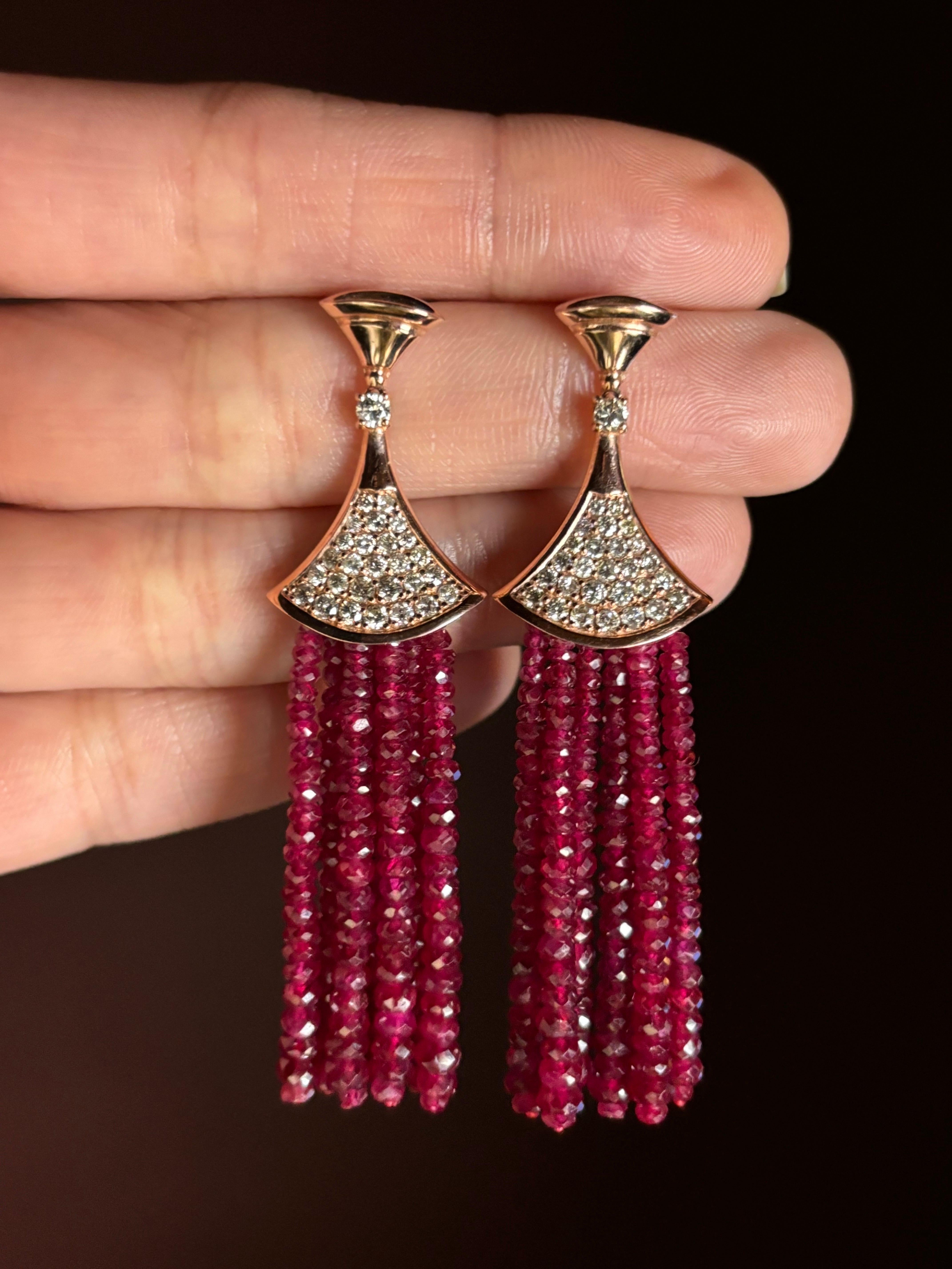 48.81 Carat Ruby Beads and Diamond Dangle Earrings In New Condition For Sale In Bangkok, Thailand