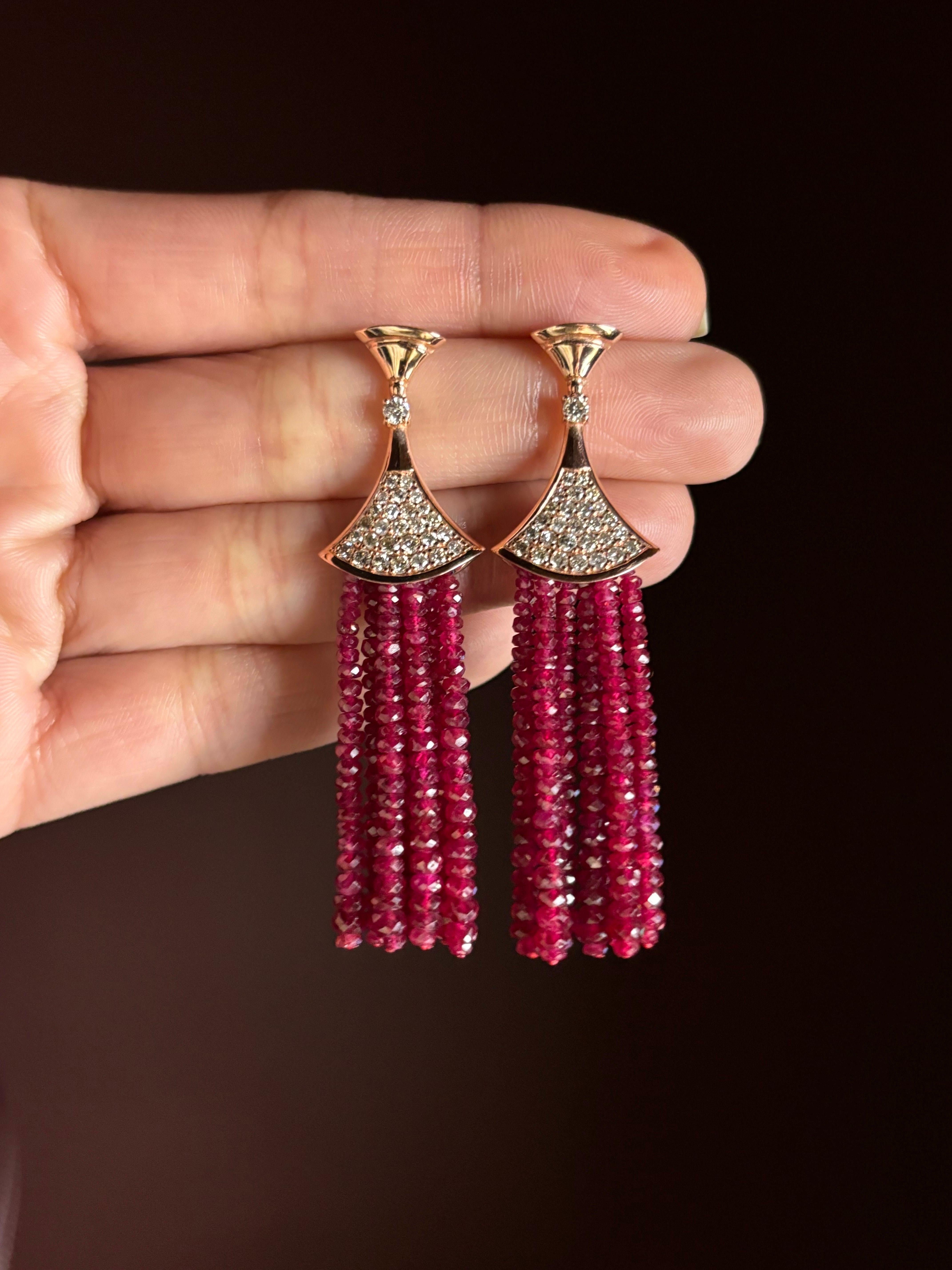 Women's 48.81 Carat Ruby Beads and Diamond Dangle Earrings For Sale