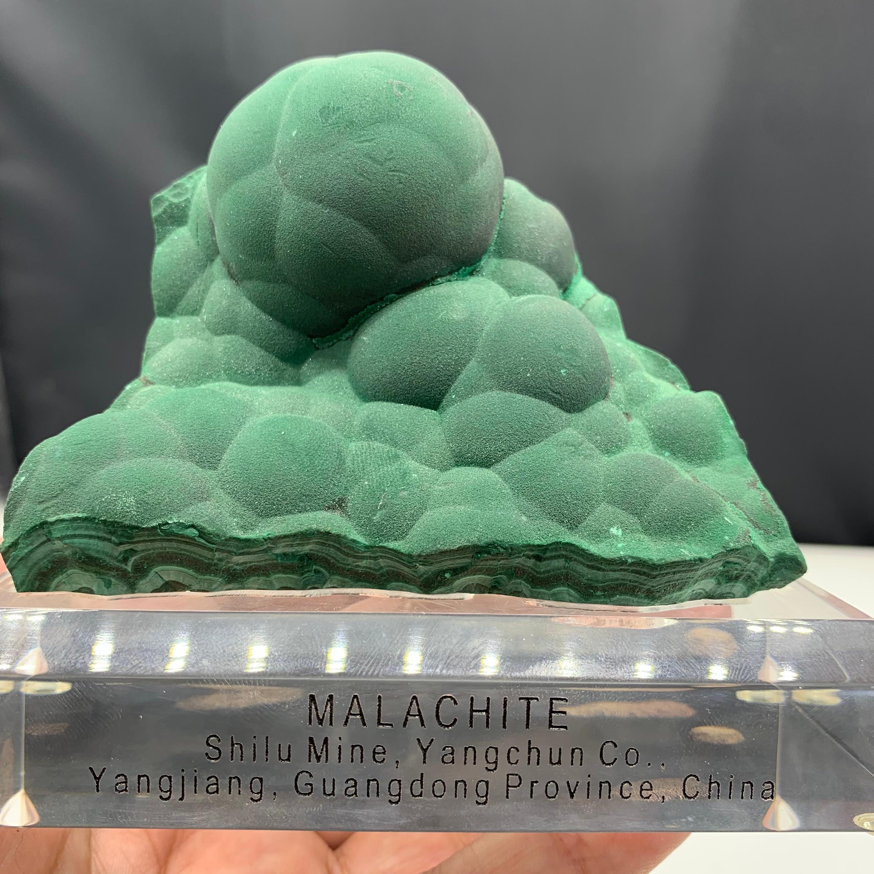 Forest Green Malachite: 
Weight: 488.78 Gram 
Dim: 5.1 x 10.7 x 8.1 cm 
Color : Green 
Origin : Yangjiang Guangdong Province, China 


Malachite is a vibrant and captivating mineral that has long been admired for its striking green color and