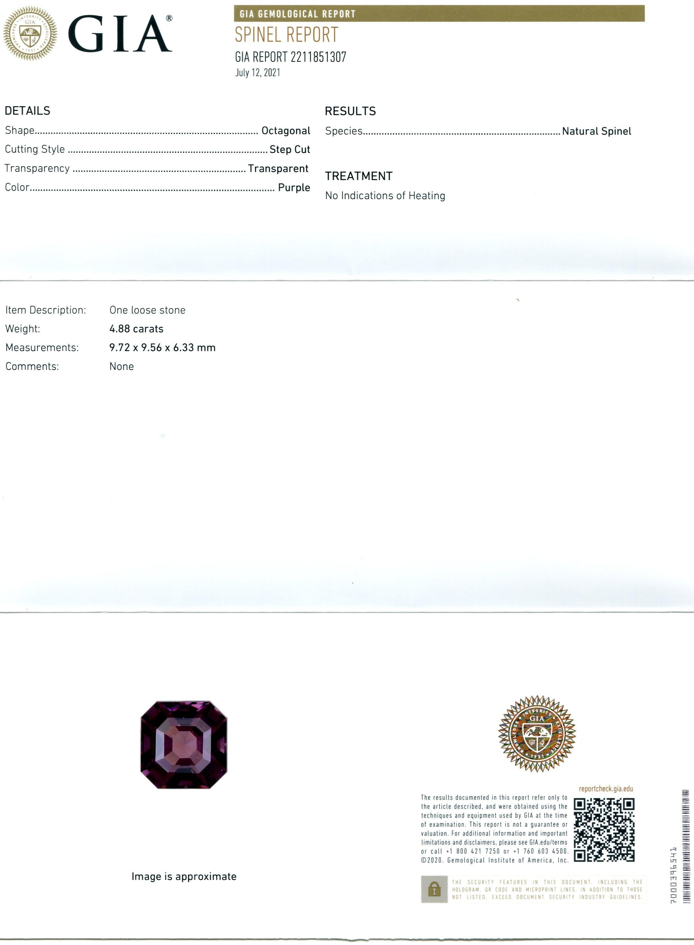 This is a stunning GIA Certified Spinel 

The GIA report reads as follows:

GIA Report Number: 2211851307
Shape: Octagonal
Cutting Style: Step Cut
Cutting Style: Crown: 
Cutting Style: Pavilion: 
Transparency: Transparent
Color: