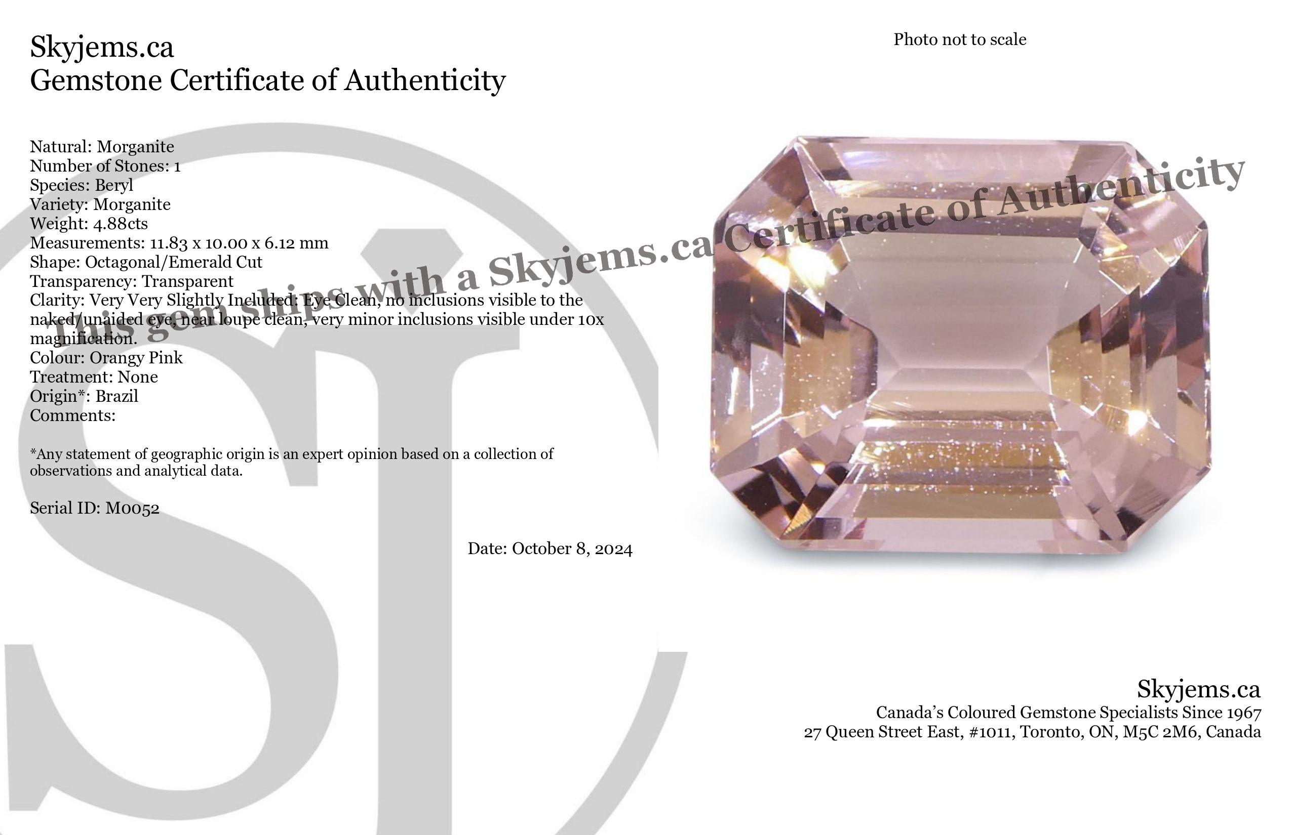 Descrizione:

Tipo di gemma: Morganite 
Numero di pietre: 1
Peso: 4,88 carati
Misure: 11,83 x 10,00 x 6,12 mm
Forma: Taglio ottagonale/smeraldo
Stile di taglio Corona: Taglio a gradini
Padiglione Stile di Taglio: Taglio a gradini 
Trasparenza: