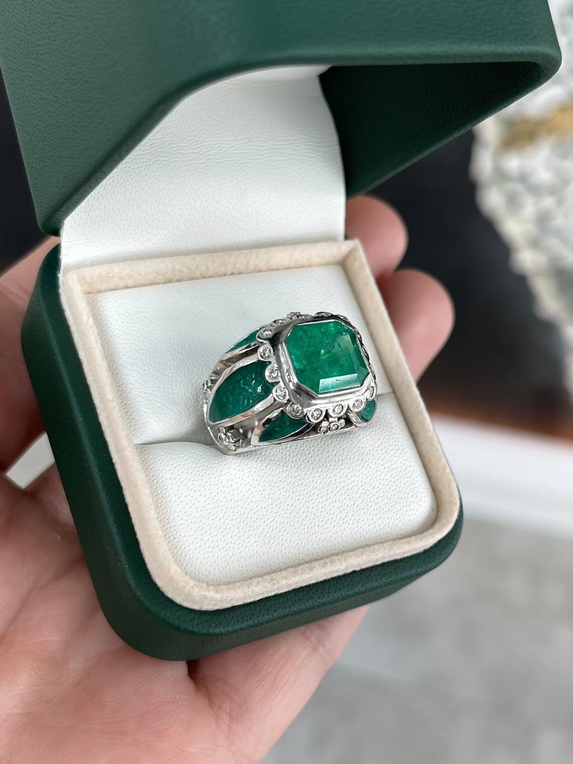 Art Deco 4.88tcw 18K Men's Colombian Vivid Green Emerald Green Enamel Cocktail Men's Ring For Sale