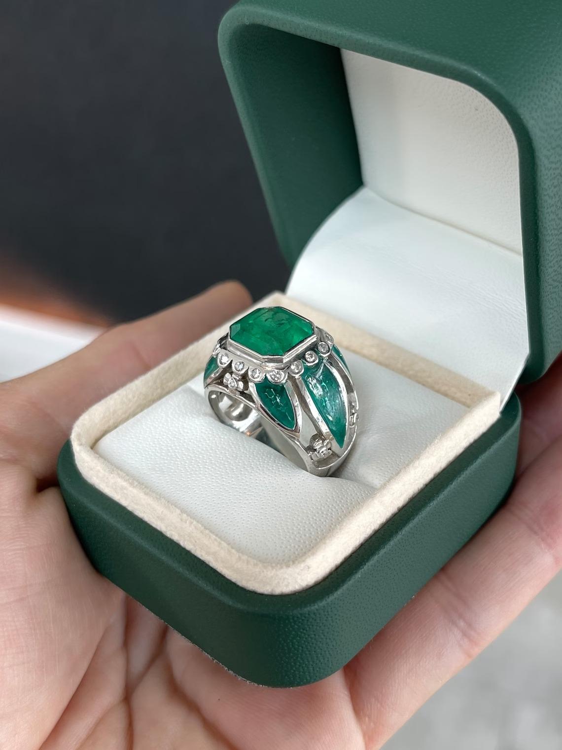 Asscher Cut 4.88tcw 18K Men's Colombian Vivid Green Emerald Green Enamel Cocktail Men's Ring For Sale