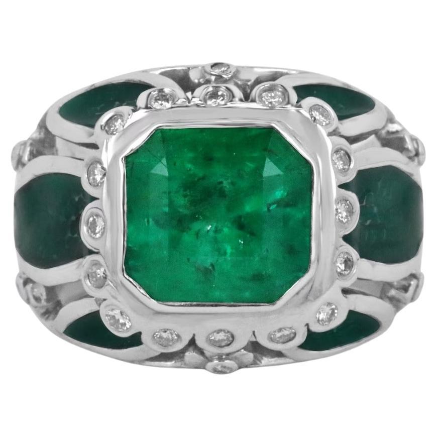 4.88tcw 18K Men's Colombian Vivid Green Emerald Green Enamel Cocktail Men's Ring For Sale