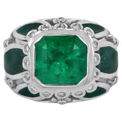 4.88tcw 18K Bague pour homme Colombian Vivid Green Emerald Green Enamel Cocktail Men's Ring