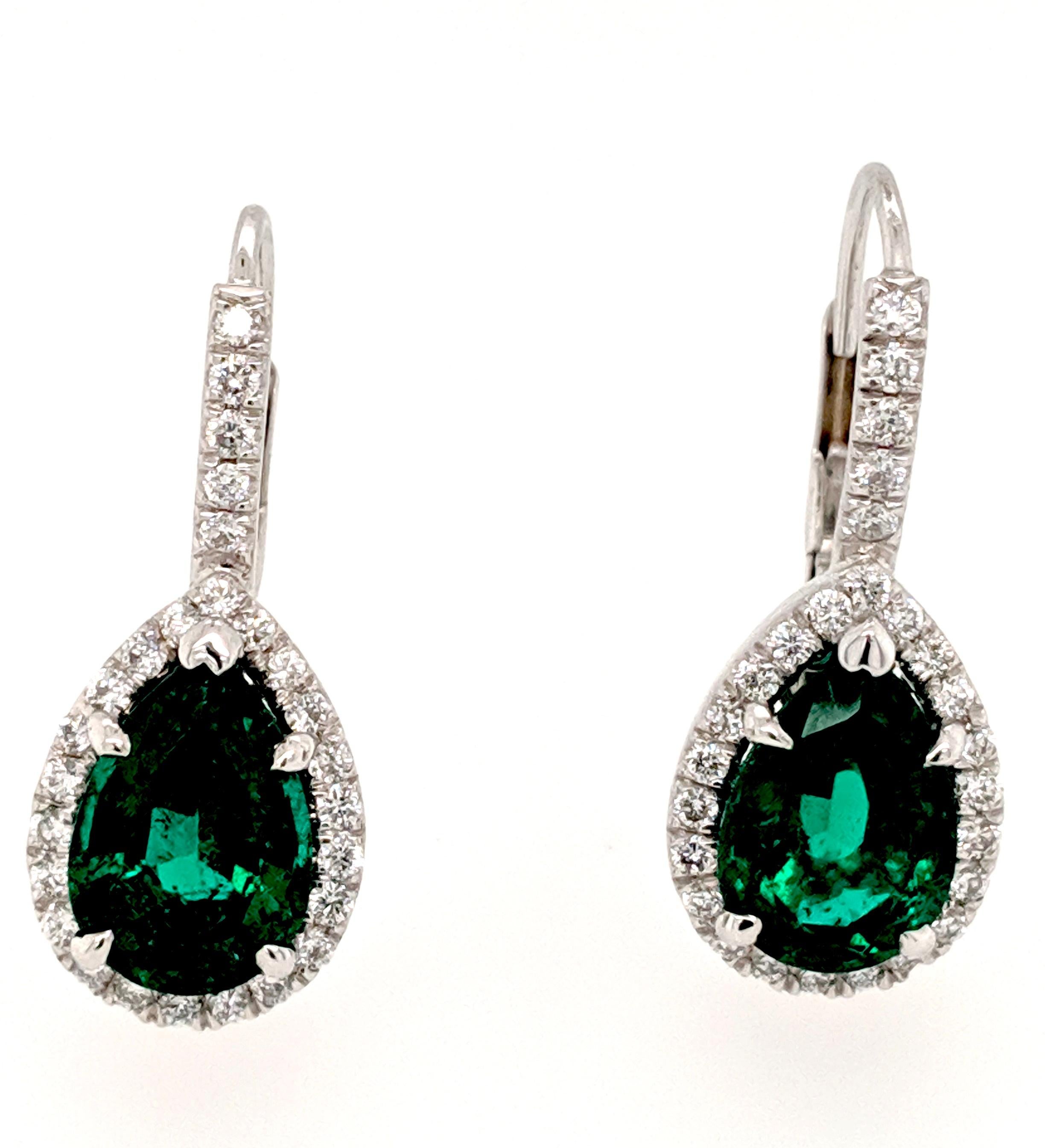 4.88 Carat African Pear Shape Emerald and Diamond Earrings with Lever Backs In New Condition For Sale In Greenville, DE