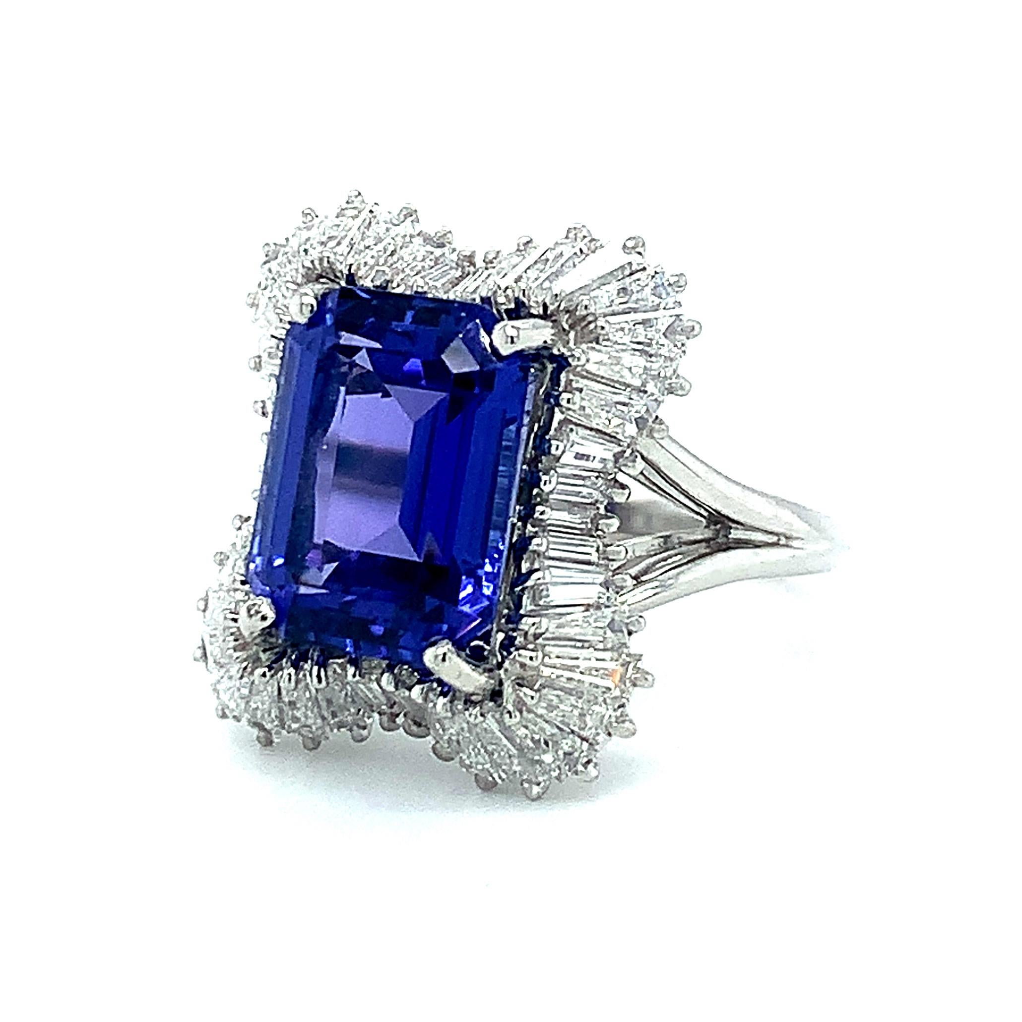 Artisan Tanzanite and Diamond Baguette Cocktail Ring in Platinum, 4.89 Carats For Sale