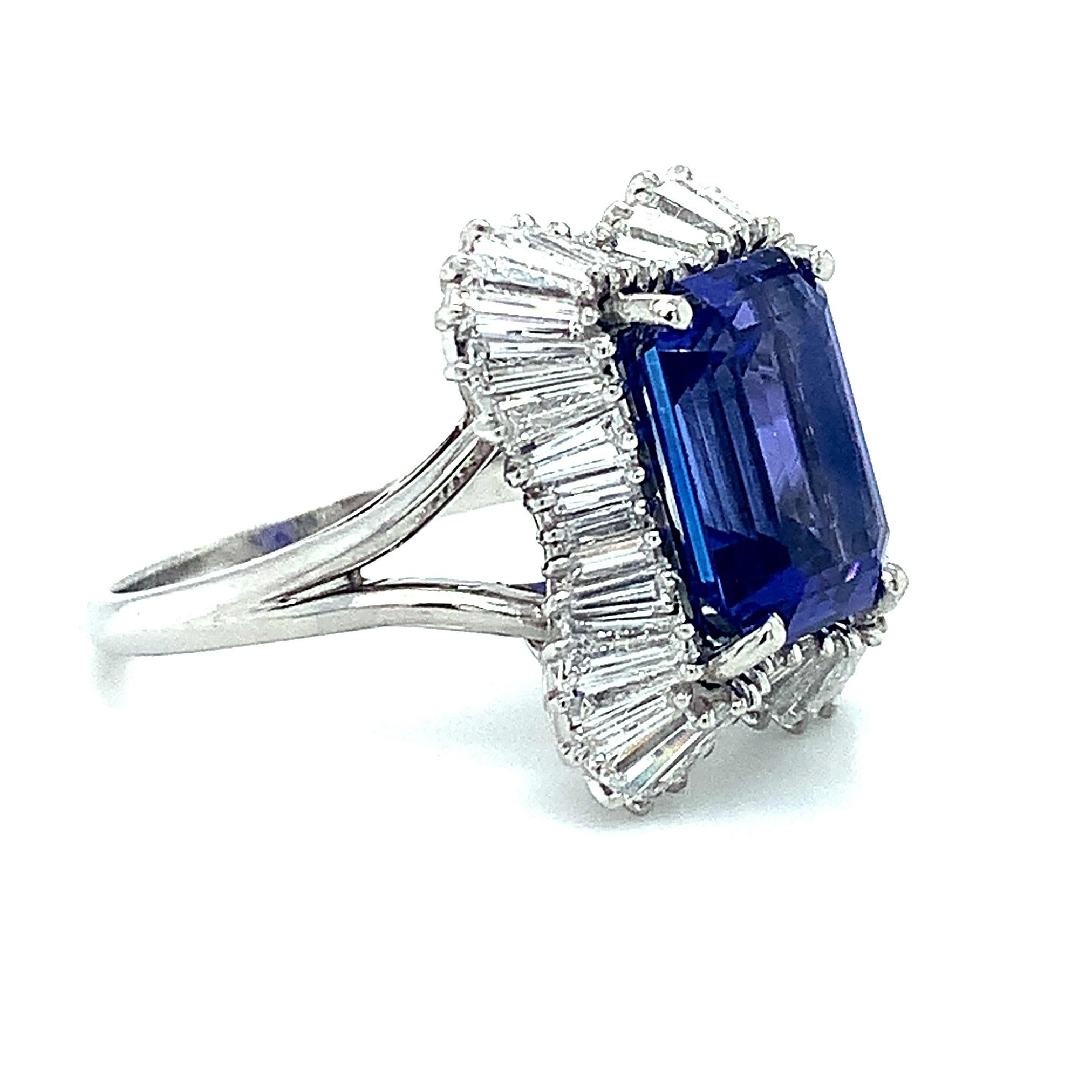 Emerald Cut Tanzanite and Diamond Baguette Cocktail Ring in Platinum, 4.89 Carats For Sale