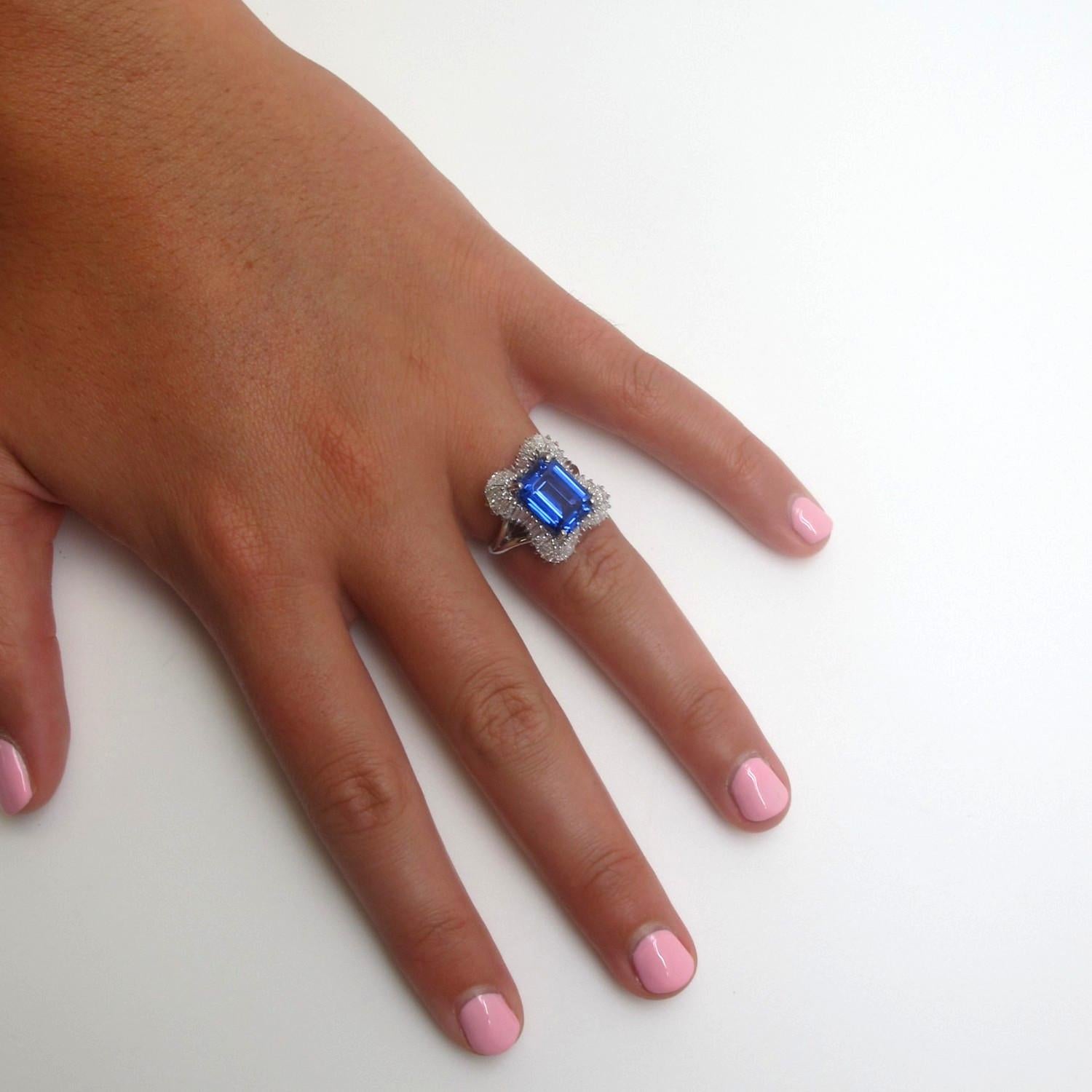 Women's Tanzanite and Diamond Baguette Cocktail Ring in Platinum, 4.89 Carats For Sale