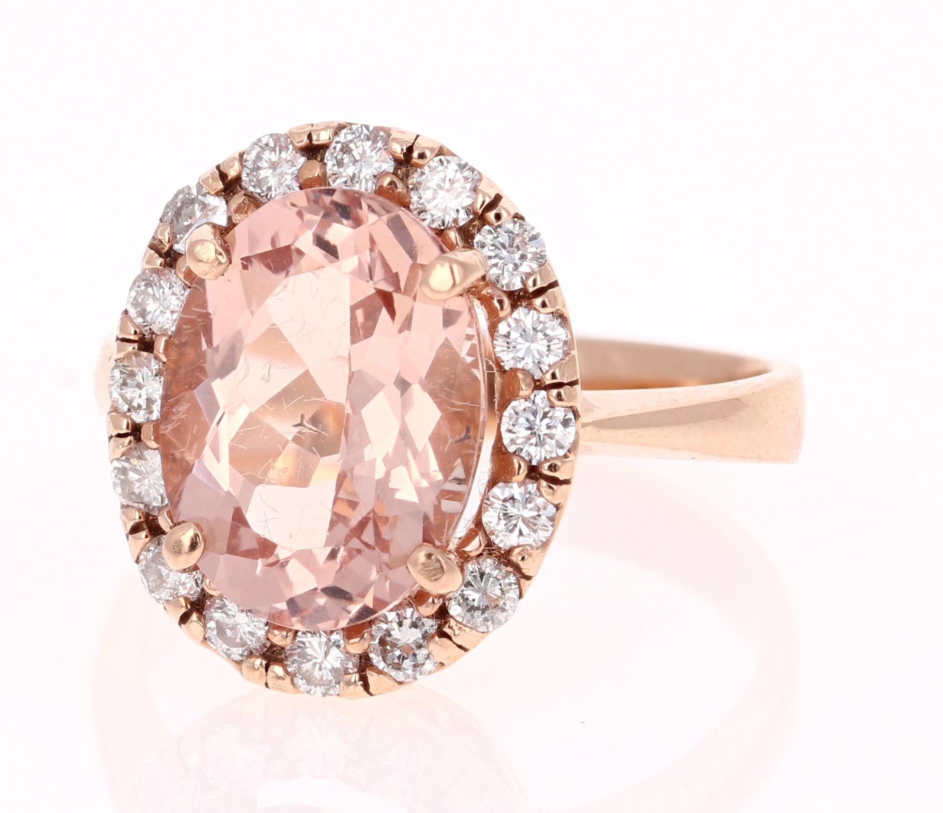 Contemporary 4.89 Carat Morganite Halo Diamond 14 Karat Rose Gold Ring For Sale