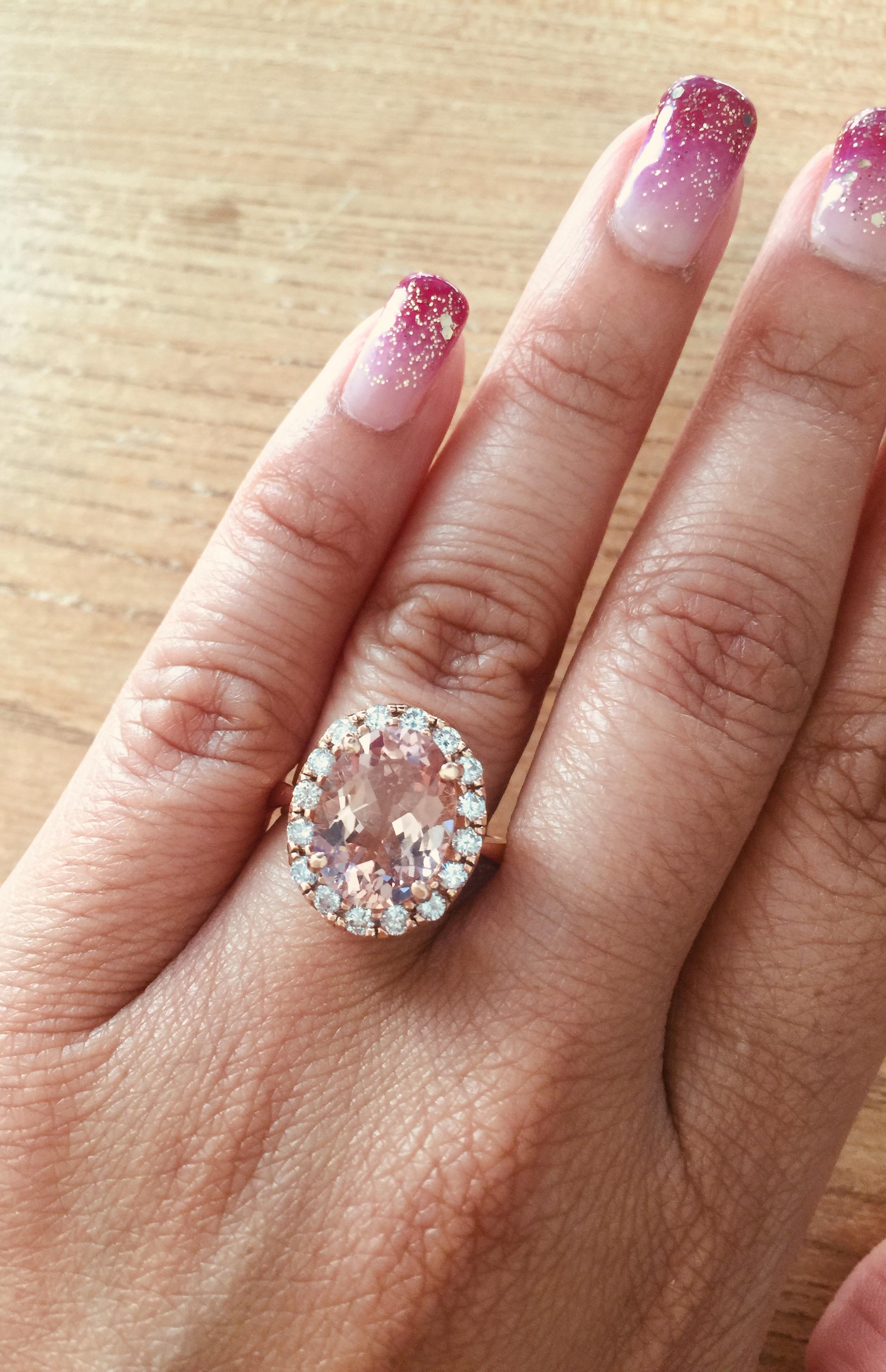 4.89 Carat Morganite Halo Diamond 14 Karat Rose Gold Ring In New Condition For Sale In Los Angeles, CA