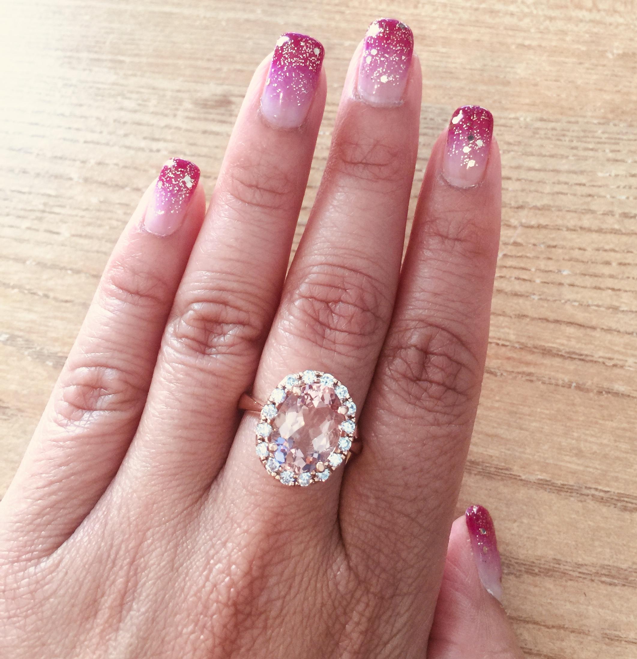 Women's 4.89 Carat Morganite Halo Diamond 14 Karat Rose Gold Ring For Sale