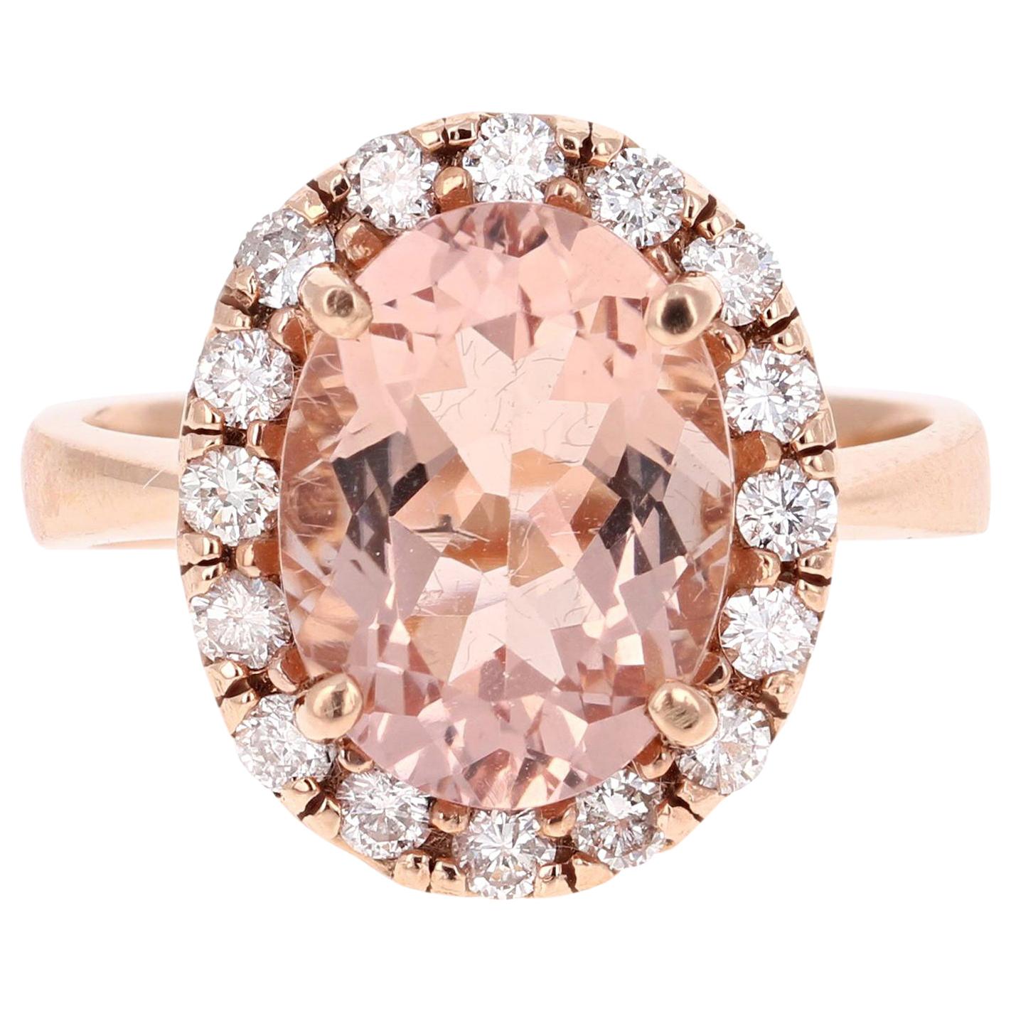4.89 Carat Morganite Halo Diamond 14 Karat Rose Gold Ring For Sale