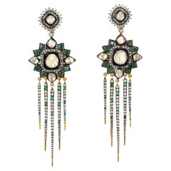 4.89 Carat Rosecut Diamond Emerald Spike Earrings