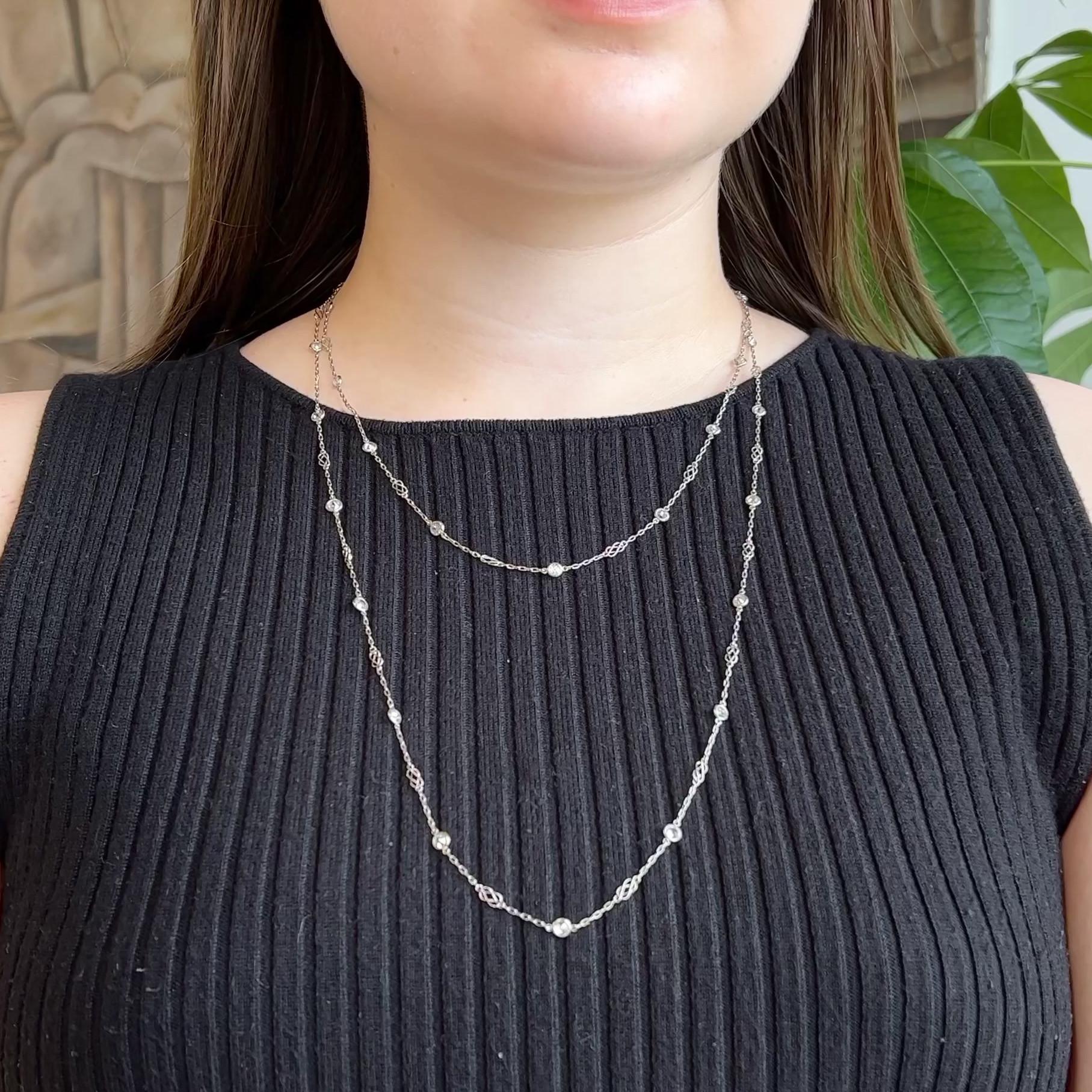 One 4.89 Carats Old European Cut Diamonds By The Yard Platinum Necklace. Featuring 31 old European cut diamonds with a total weight of 4.89 carats, graded near-colorless, VS-SI clarity. Crafted in platinum with purity marks. Circa 2022. The necklace