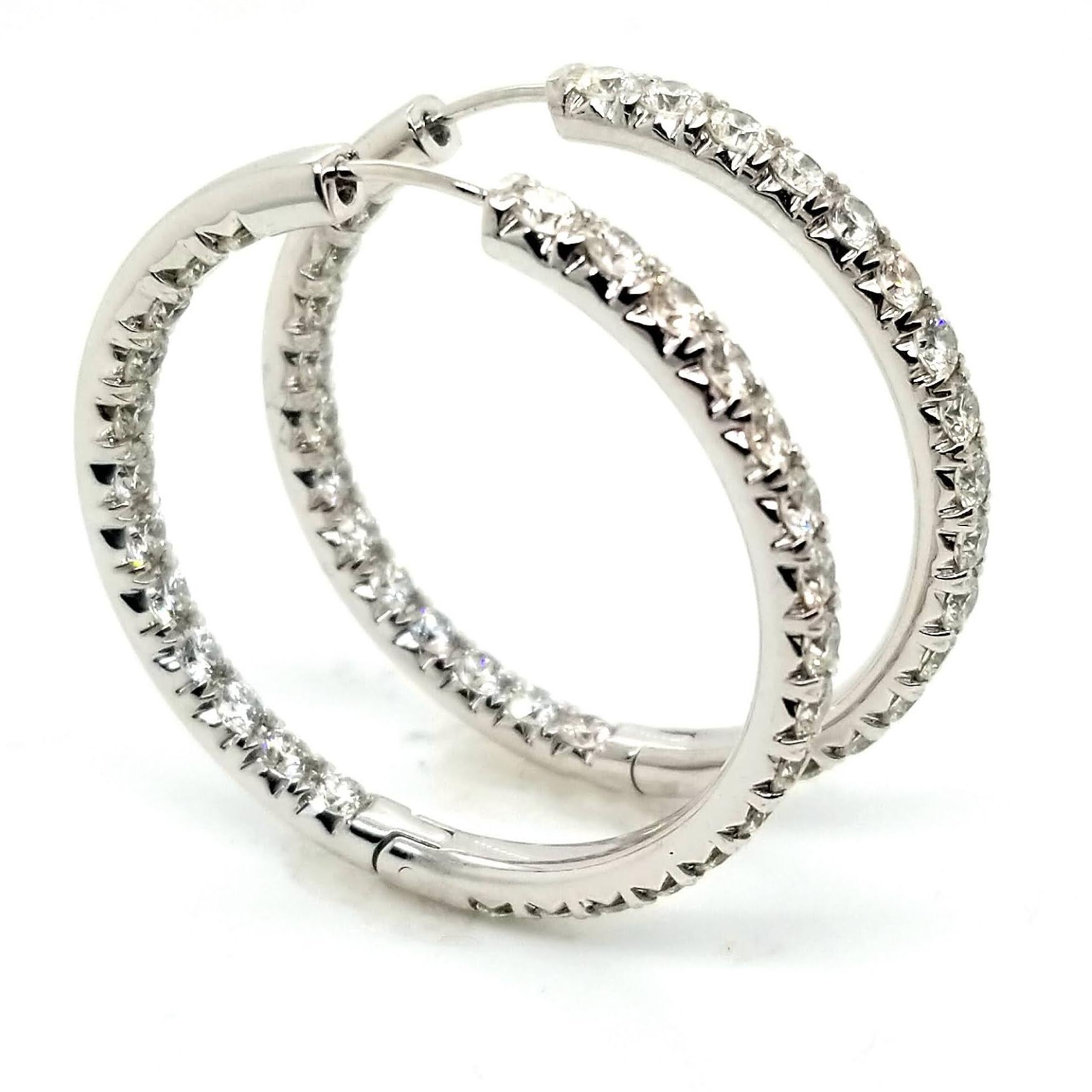 Round Cut 4.89 Carat 14 Karat Gold French Pave Set Inside/Outside Hoop Earrings For Sale