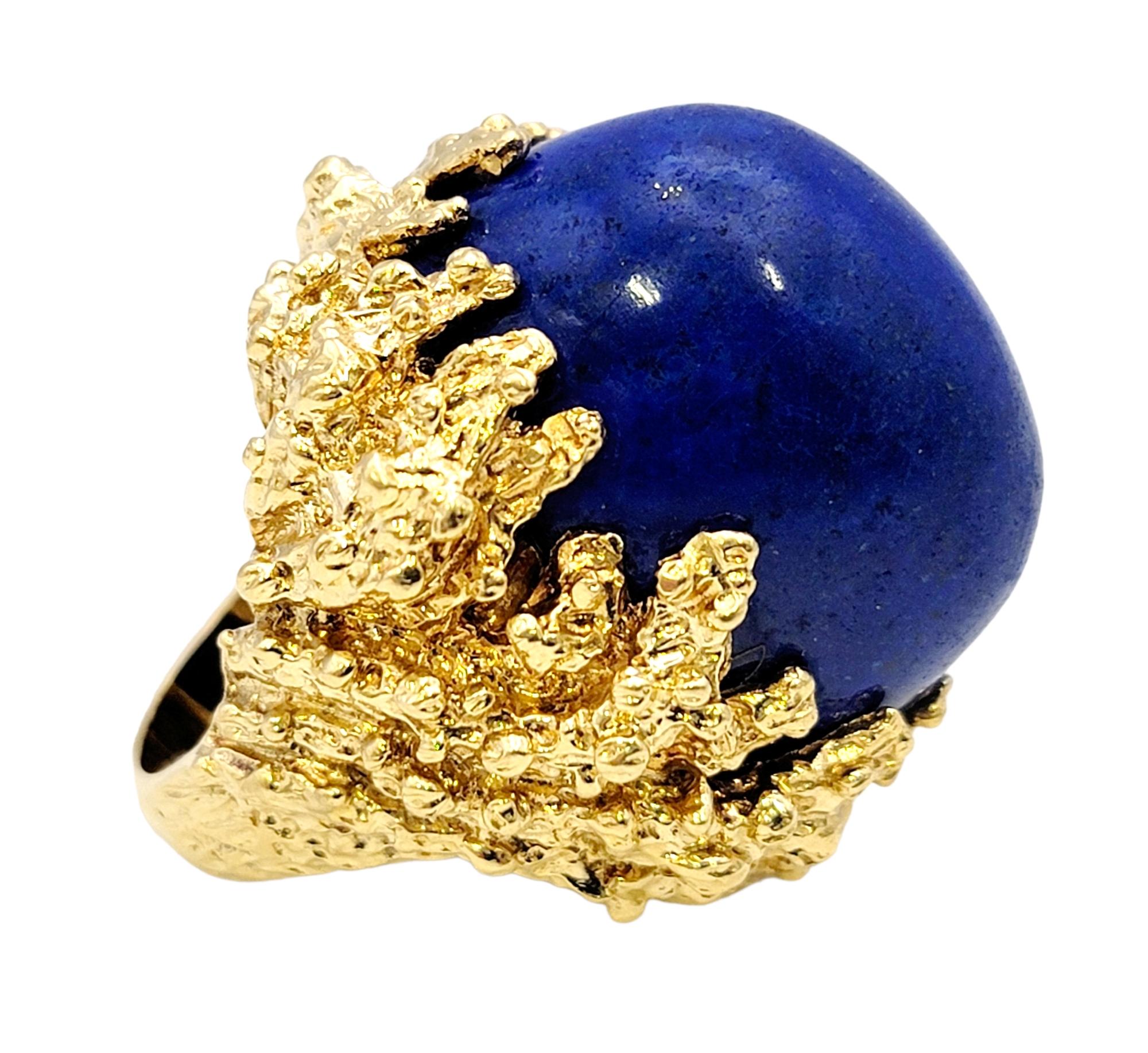 Women's 48.90 Carat Oval Cabochon Lapis Lazuli Coral Motif 18 Karat Gold Cocktail Ring