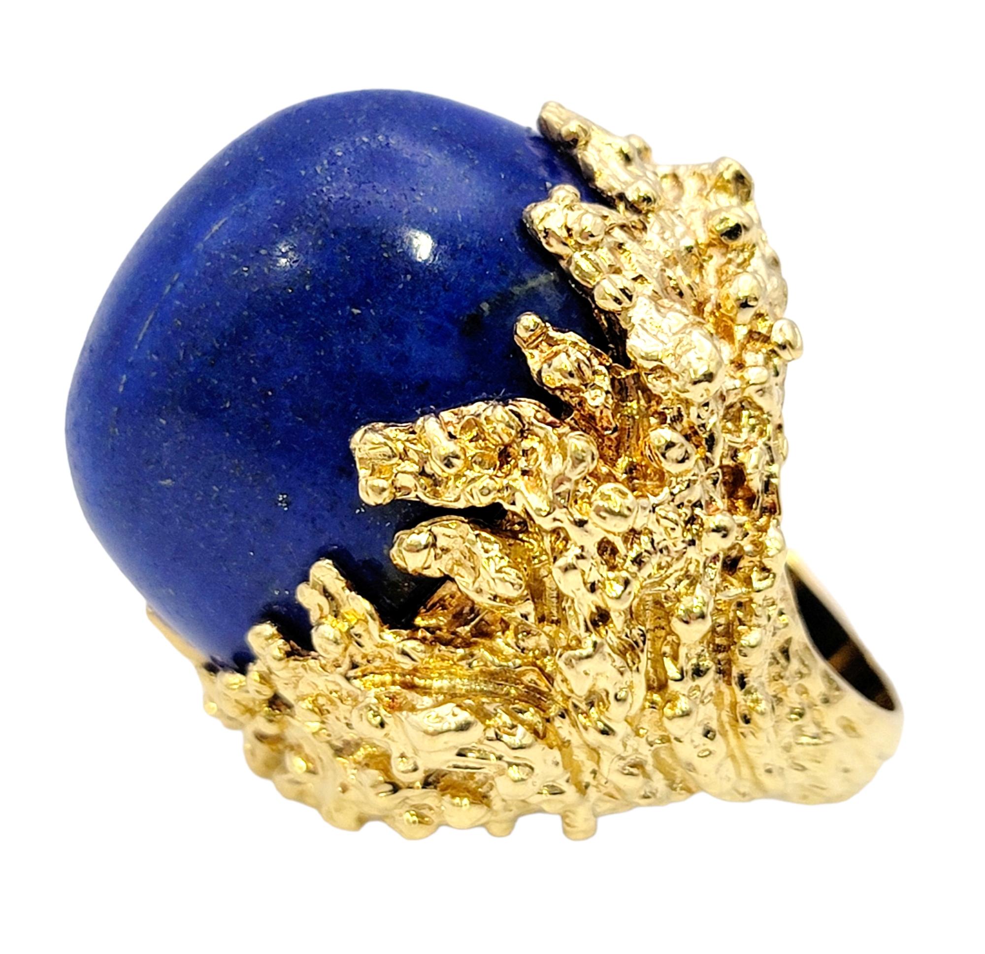48.90 Carat Oval Cabochon Lapis Lazuli Coral Motif 18 Karat Gold Cocktail Ring 1