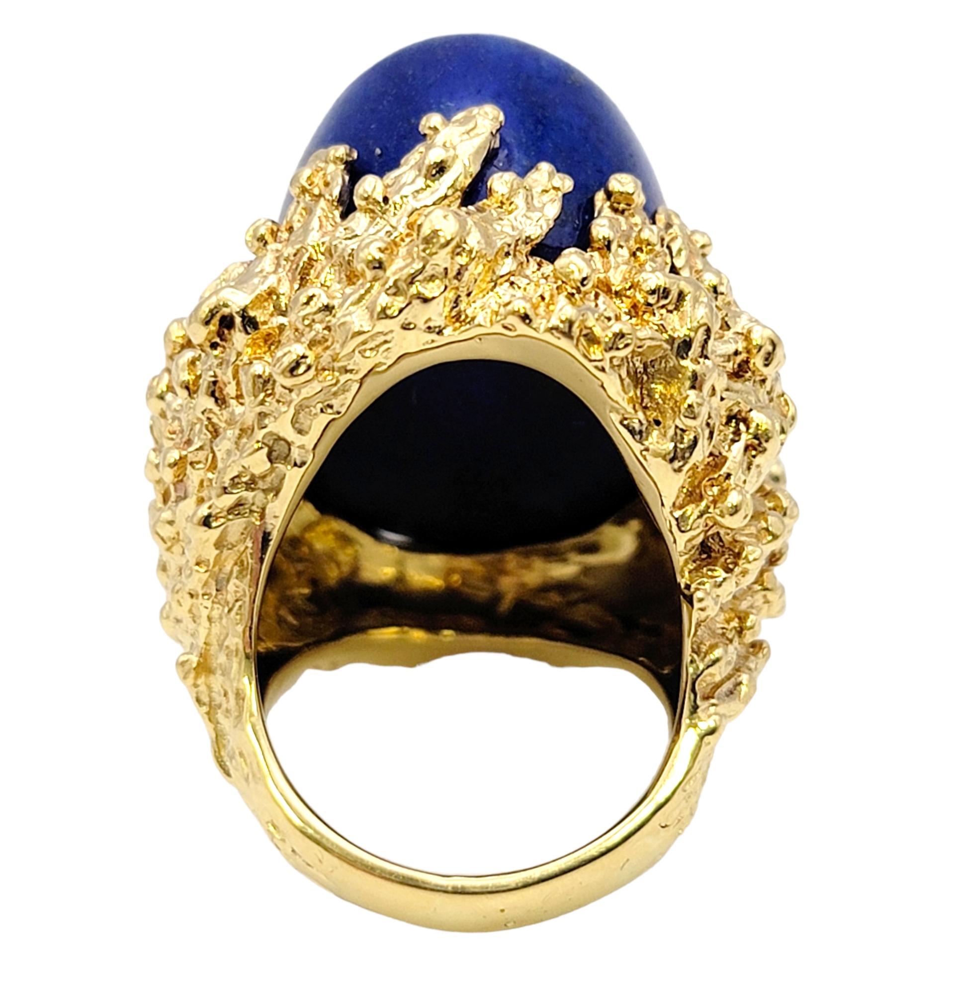 48.90 Carat Oval Cabochon Lapis Lazuli Coral Motif 18 Karat Gold Cocktail Ring 3