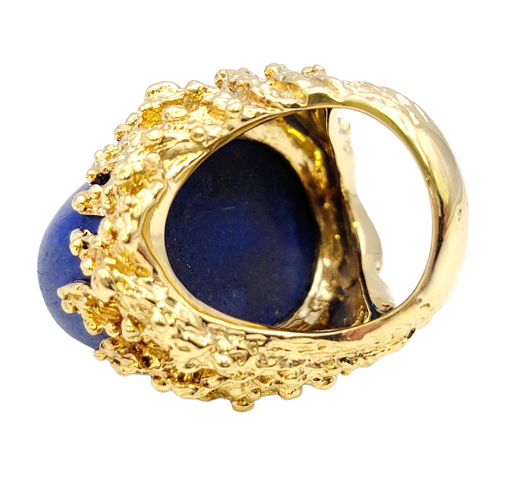 48.90 Carat Oval Cabochon Lapis Lazuli Coral Motif 18 Karat Gold Cocktail Ring 4