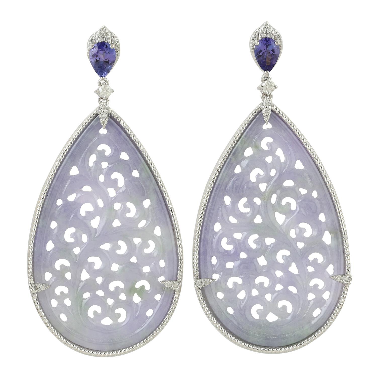 Contemporary 48ct Carved Jade Dangle Earrings With Tanzanite & Diamonds In 18k White Gold For Sale