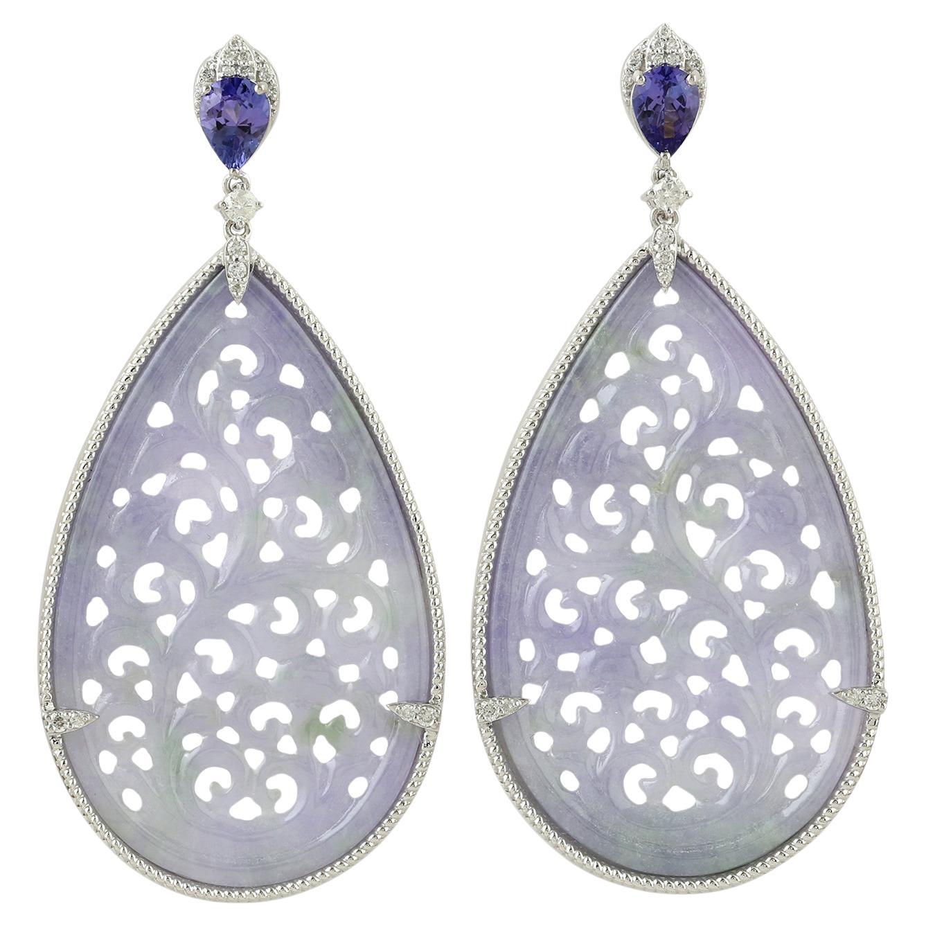 48ct Carved Jade Dangle Earrings With Tanzanite & Diamonds In 18k White Gold For Sale