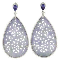 48ct Carved Jade Dangle Earrings With Tanzanite & Diamonds In 18k White Gold