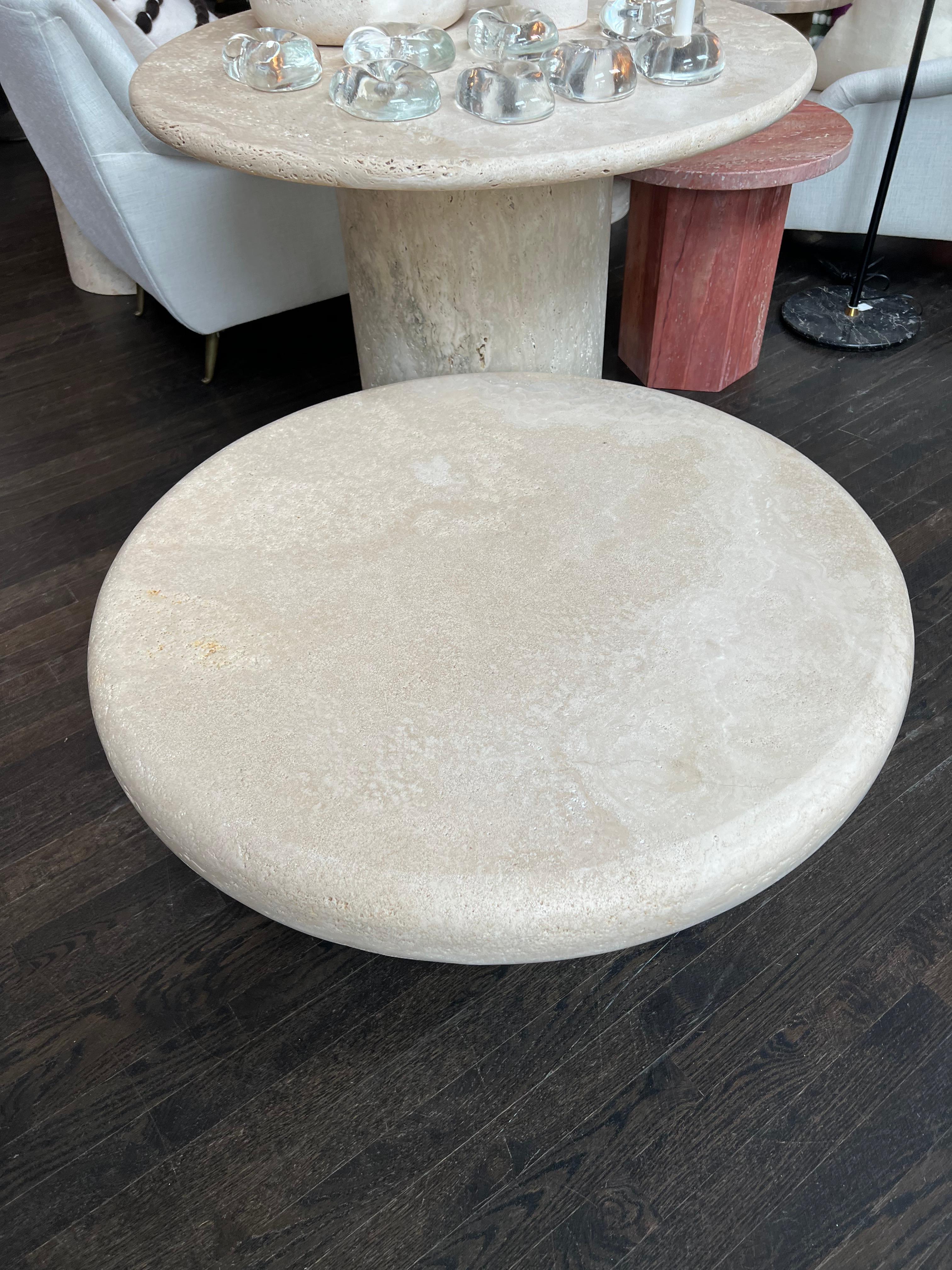 Travertine table available in 35'' diameter. For all other dimensions lead time is six weeks.