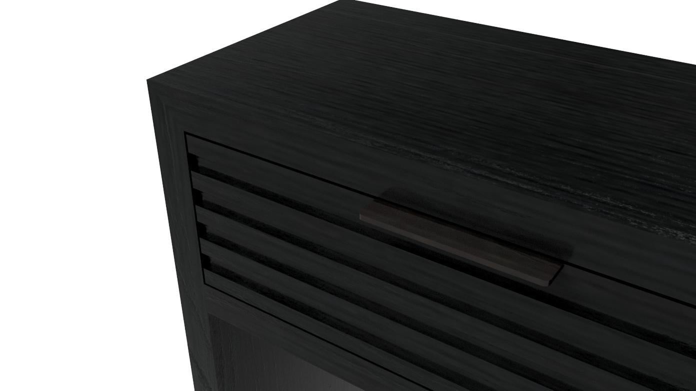 Organic Modern 48L Atwater Drawer Console, by AMBROZIA, Solid Ebonized Oak, Leather & Metal For Sale