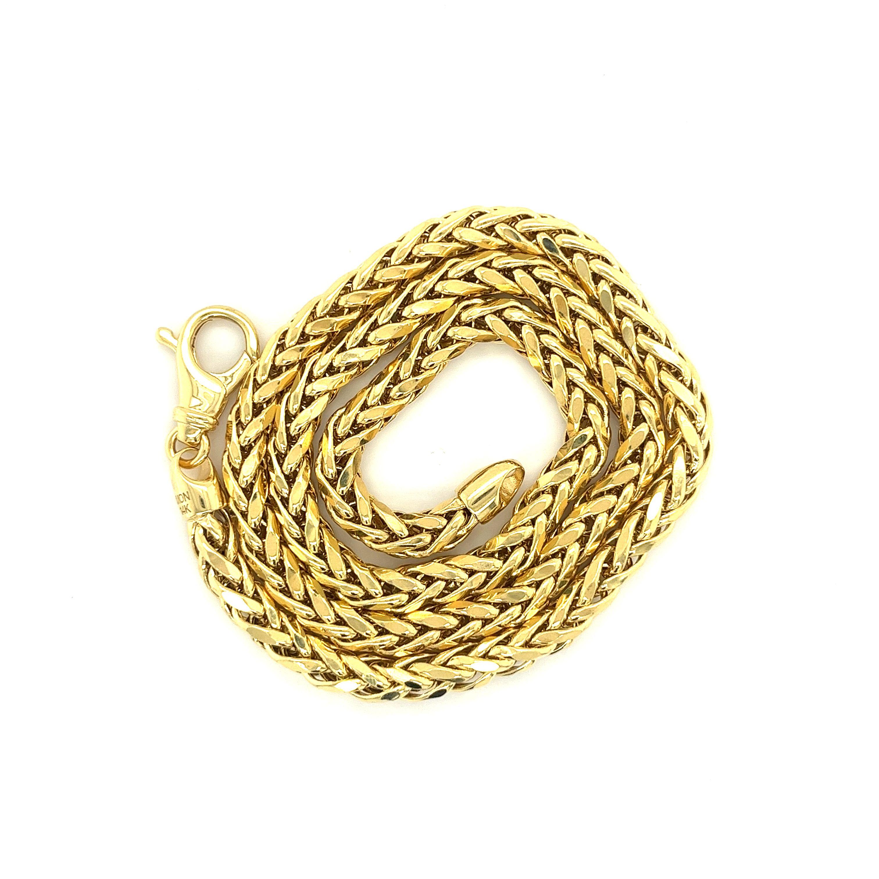14K Gold Franco-Spiga link chain necklace with lobster claw closure. Also known as a wheat chain. 

This gold necklace is REAL 14 KARAT GOLD. Brand new, hypoallergenic, 100% waterproof, genuine 14k Yellow Gold. NOT Plated, NOT Filled, and NOT