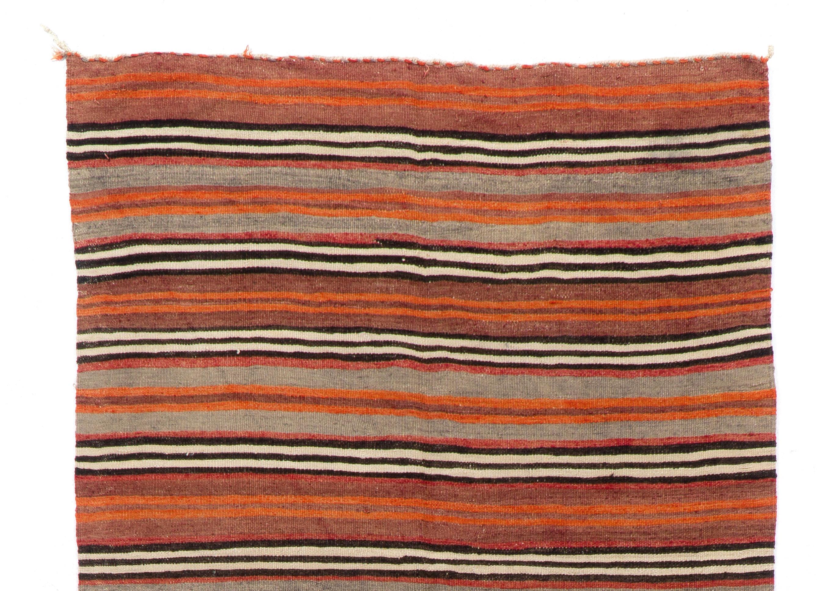 Turkish 4.7x10.8 Ft Nomadic Vintage Striped Handwoven Anatolian Wool Kilim 'Flat Weave' For Sale
