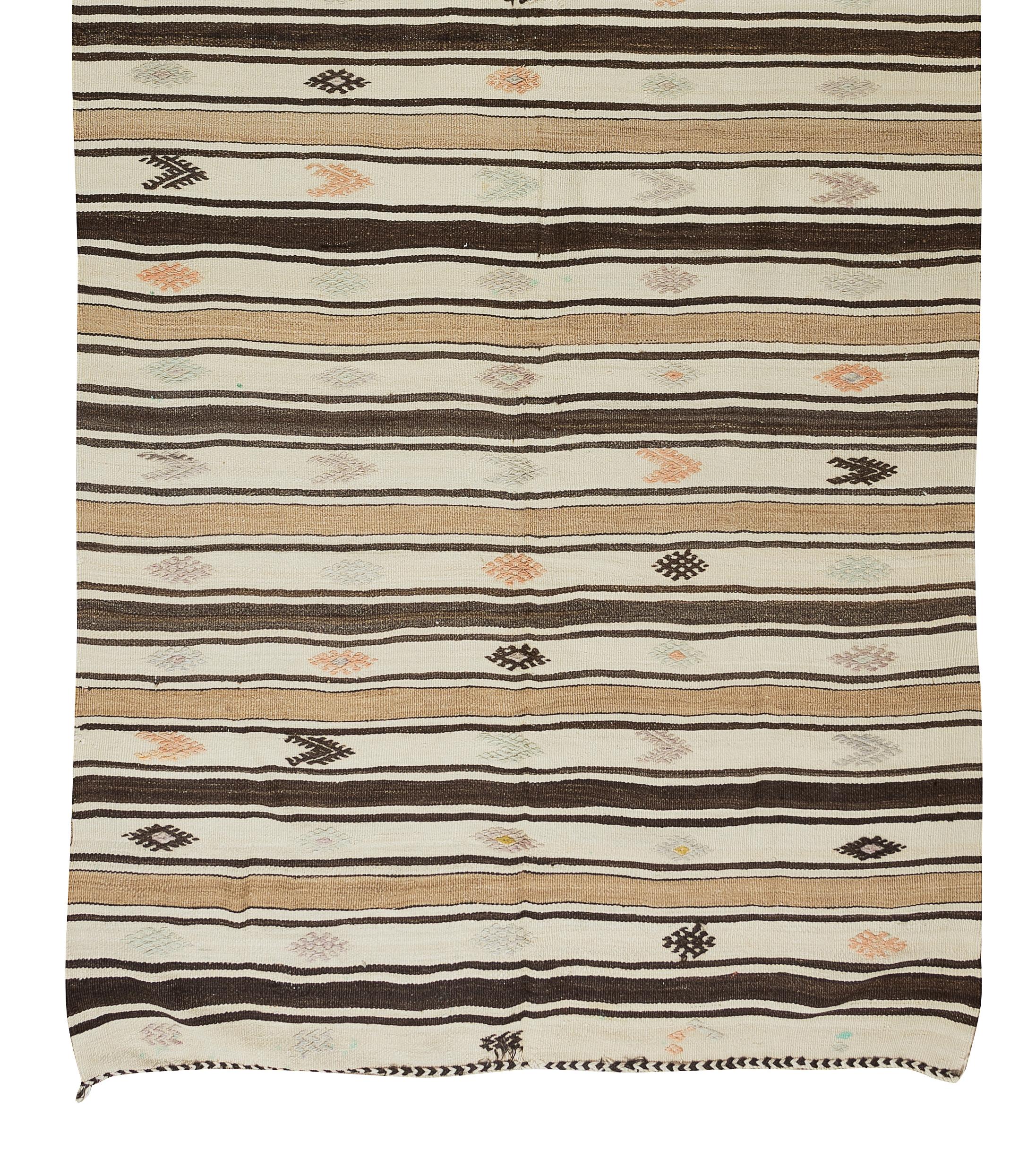 20th Century 4.8x11.5 Ft Vintage Striped Hand Woven Turkish Wool Kilim Runner, Flat-Weave Rug For Sale
