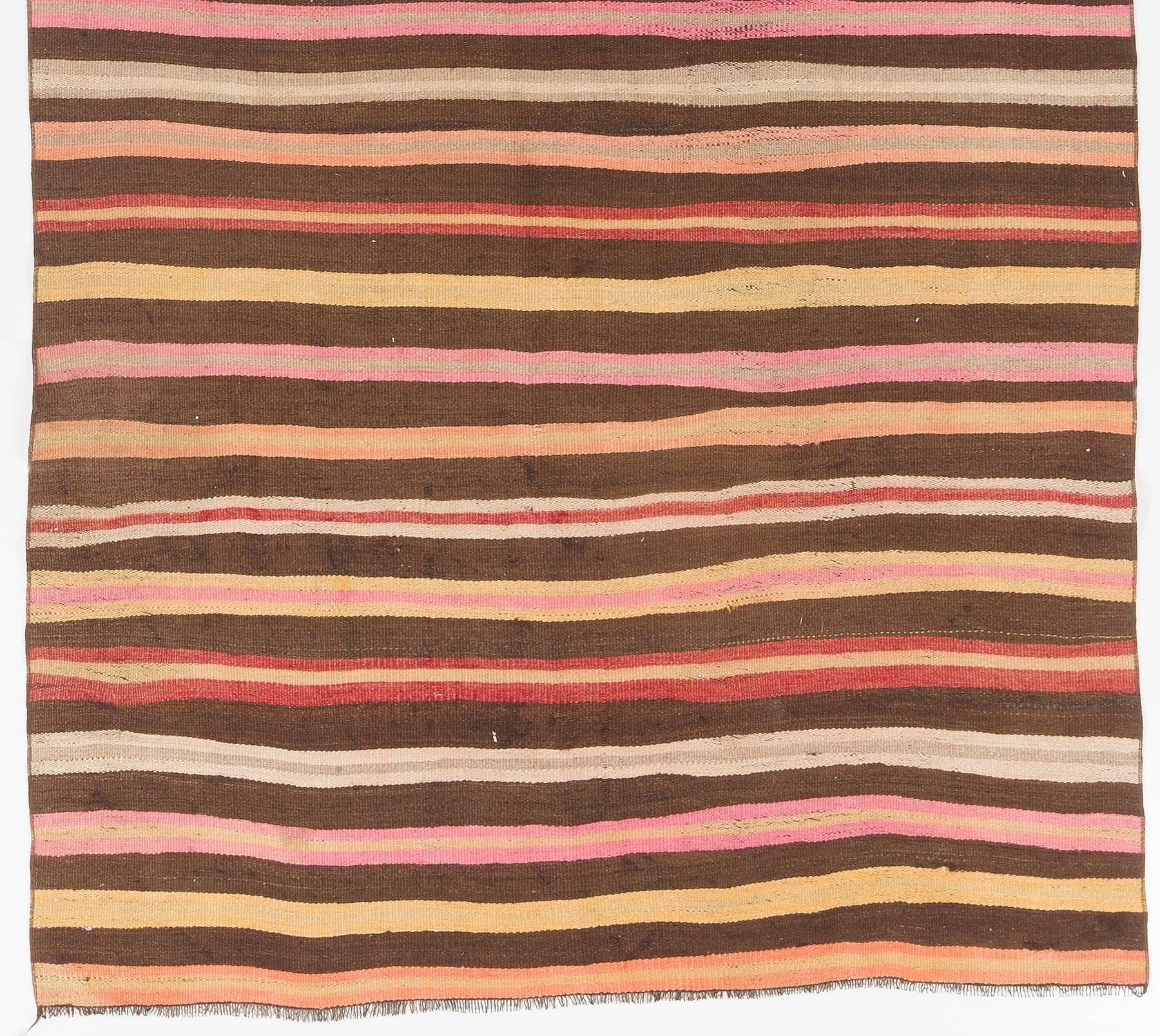 Turkish 5x11.8 Ft Handmade Kilim Runner with Soft Green, Yellow, Brown and Pink Stripes For Sale