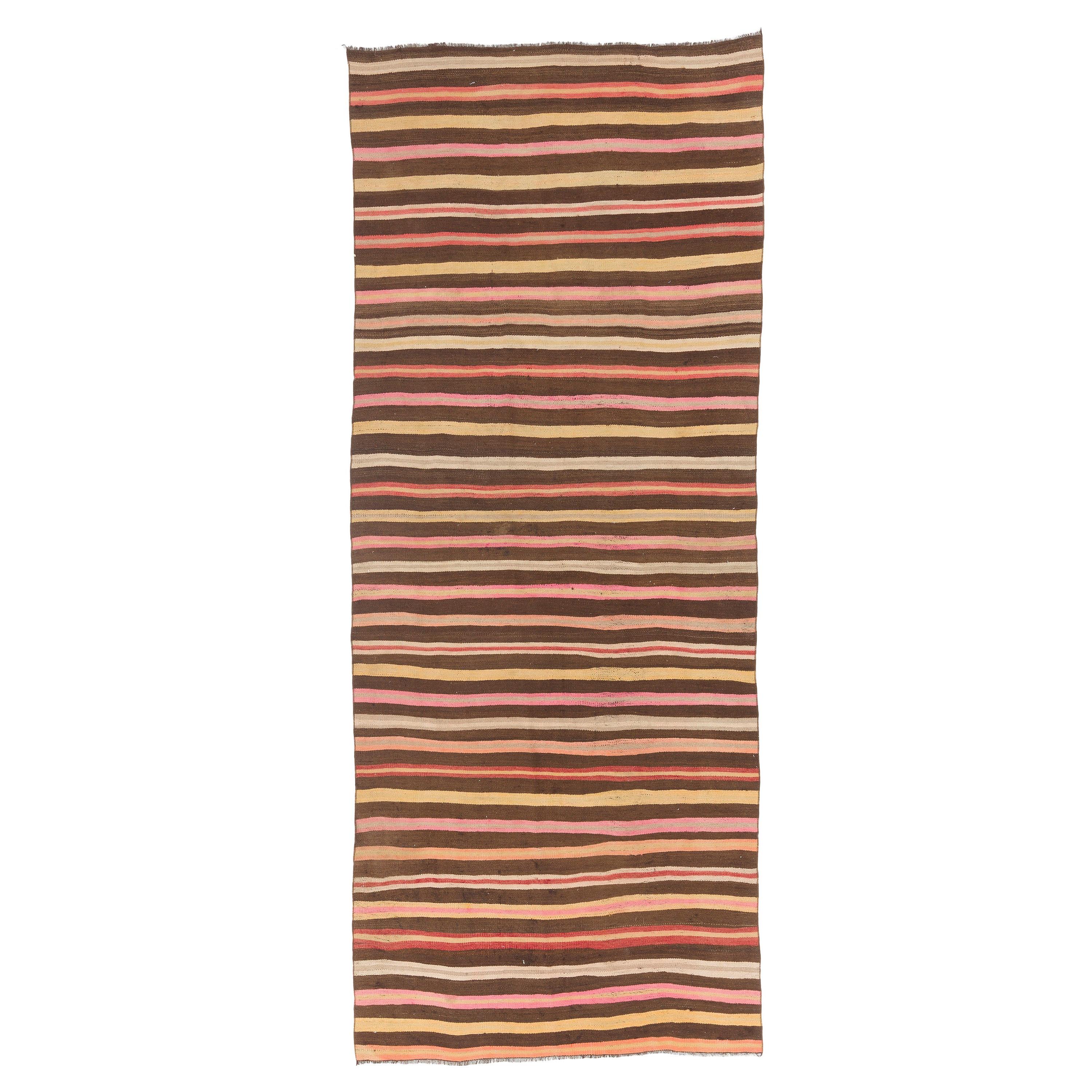 5x11.8 Ft Handmade Kilim Runner with Soft Green, Yellow, Brown and Pink Stripes