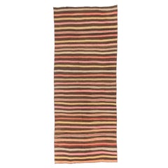 Vintage 5x11.8 Ft Handmade Kilim Runner with Soft Green, Yellow, Brown and Pink Stripes