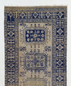4.8x11.8 Ft Vintage Handmade Oushak Runner Rug in Beige and Navy Blue Colors