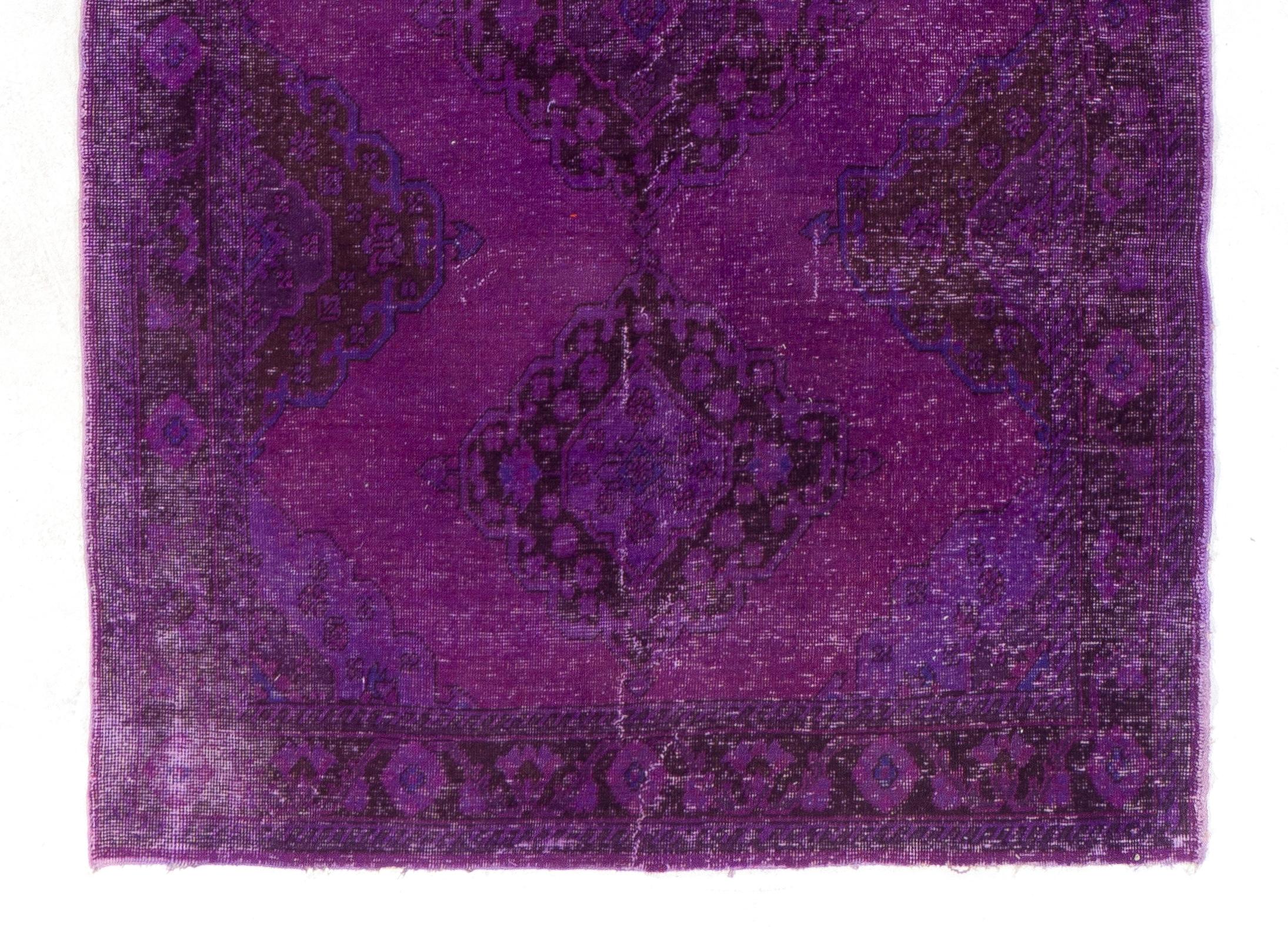 Modern Vintage Handmade Turkish Distressed Runner Rug in Purple for Hallway For Sale