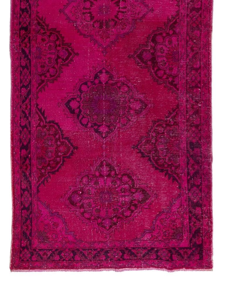 Modern 4.8x12.3 Ft Vintage Handmade Konya, Sille Runner Rug Over-Dyed in Fuchsia Pink For Sale