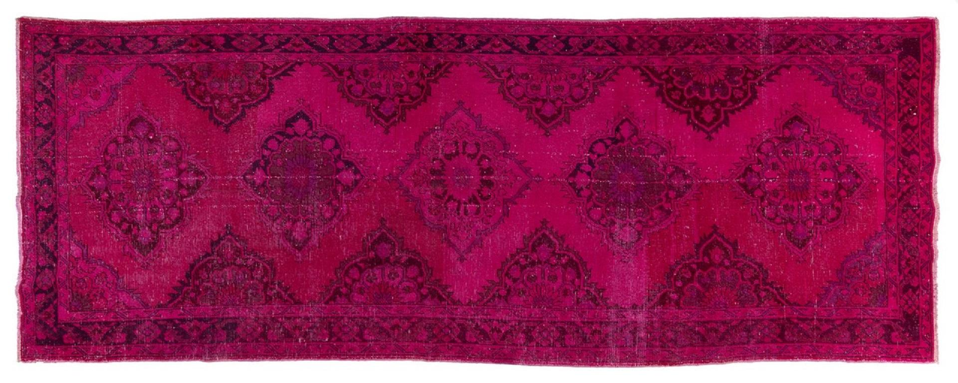 Turkish 4.8x12.3 Ft Vintage Handmade Konya, Sille Runner Rug Over-Dyed in Fuchsia Pink For Sale