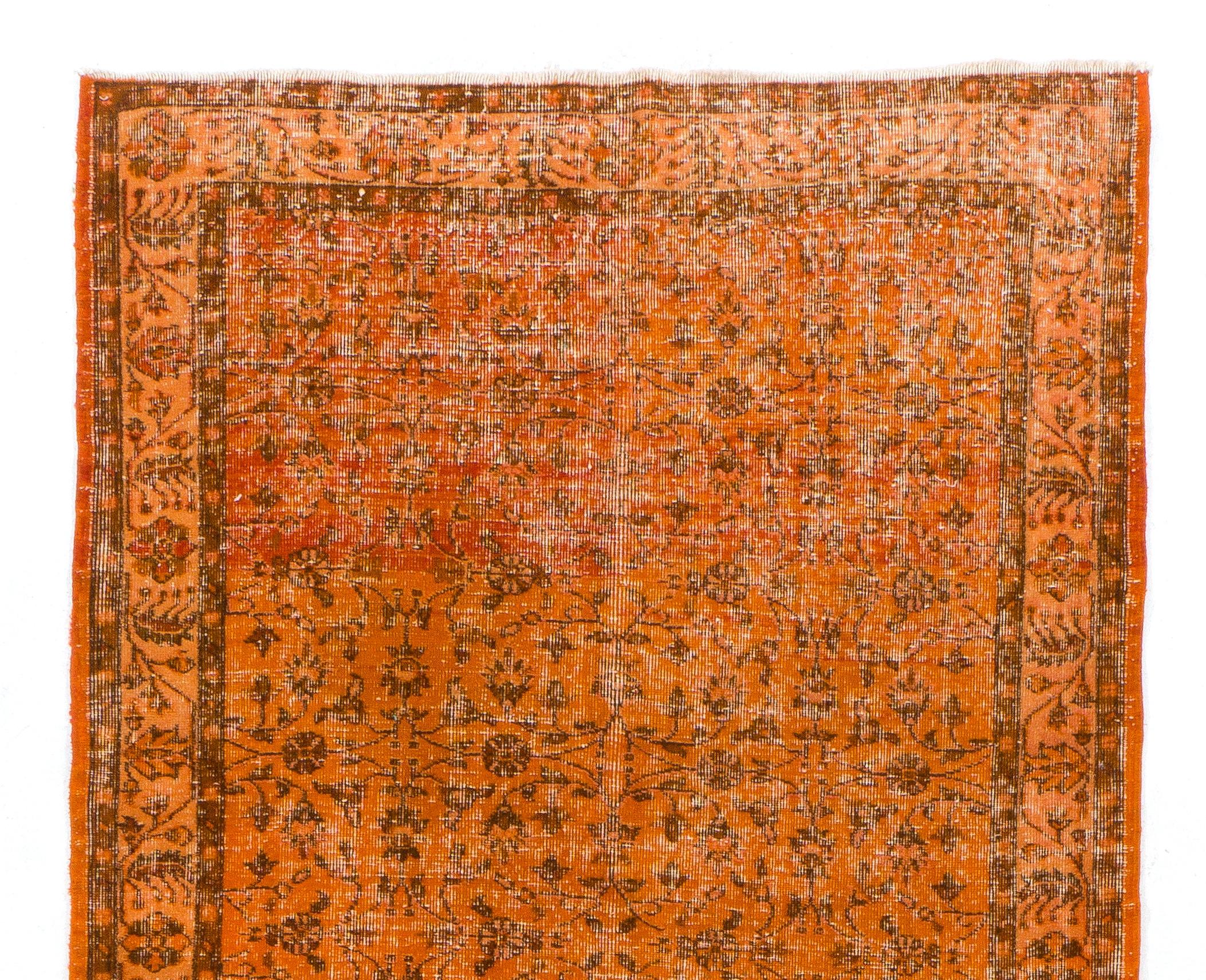 A vintage floral Turkish runner rug re-dyed in orange color. Great for contemporary interiors.
Finely hand knotted, low wool pile on cotton foundation. Professionally washed.
Sturdy and can be used on a high traffic area, suitable for both