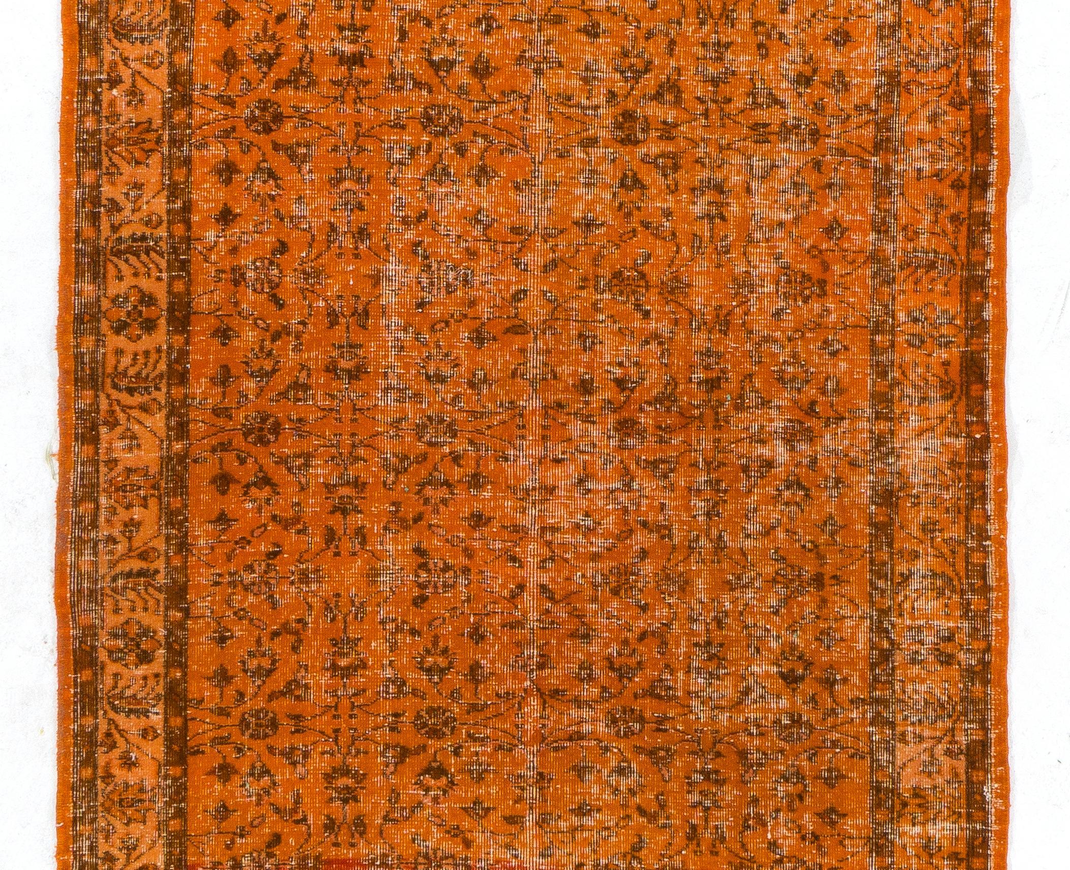Modern 4.6x12.7 Ft Handmade Vintage Turkish Floral Rug in Orange for Hallway Decor For Sale