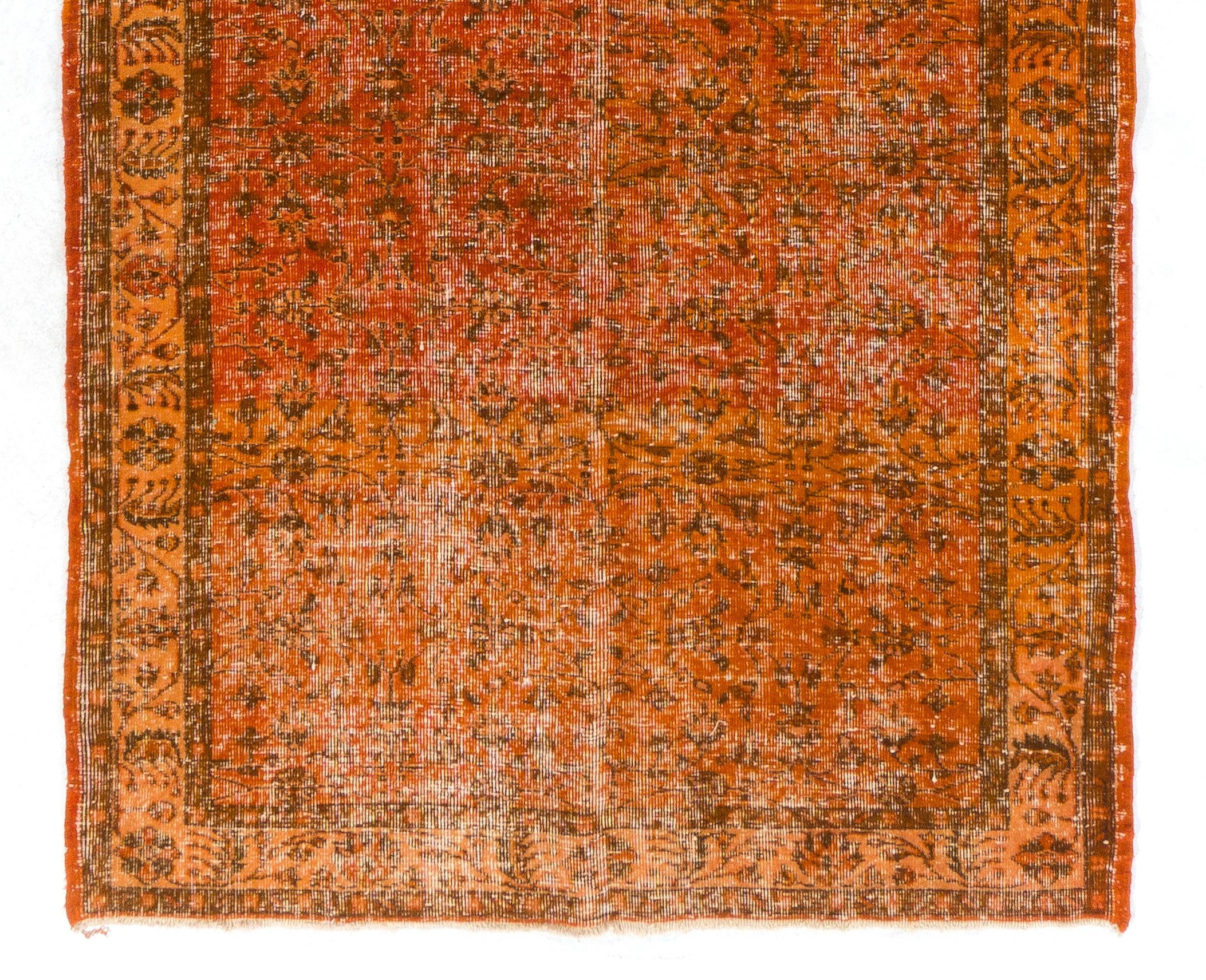 Hand-Knotted 4.6x12.7 Ft Handmade Vintage Turkish Floral Rug in Orange for Hallway Decor For Sale