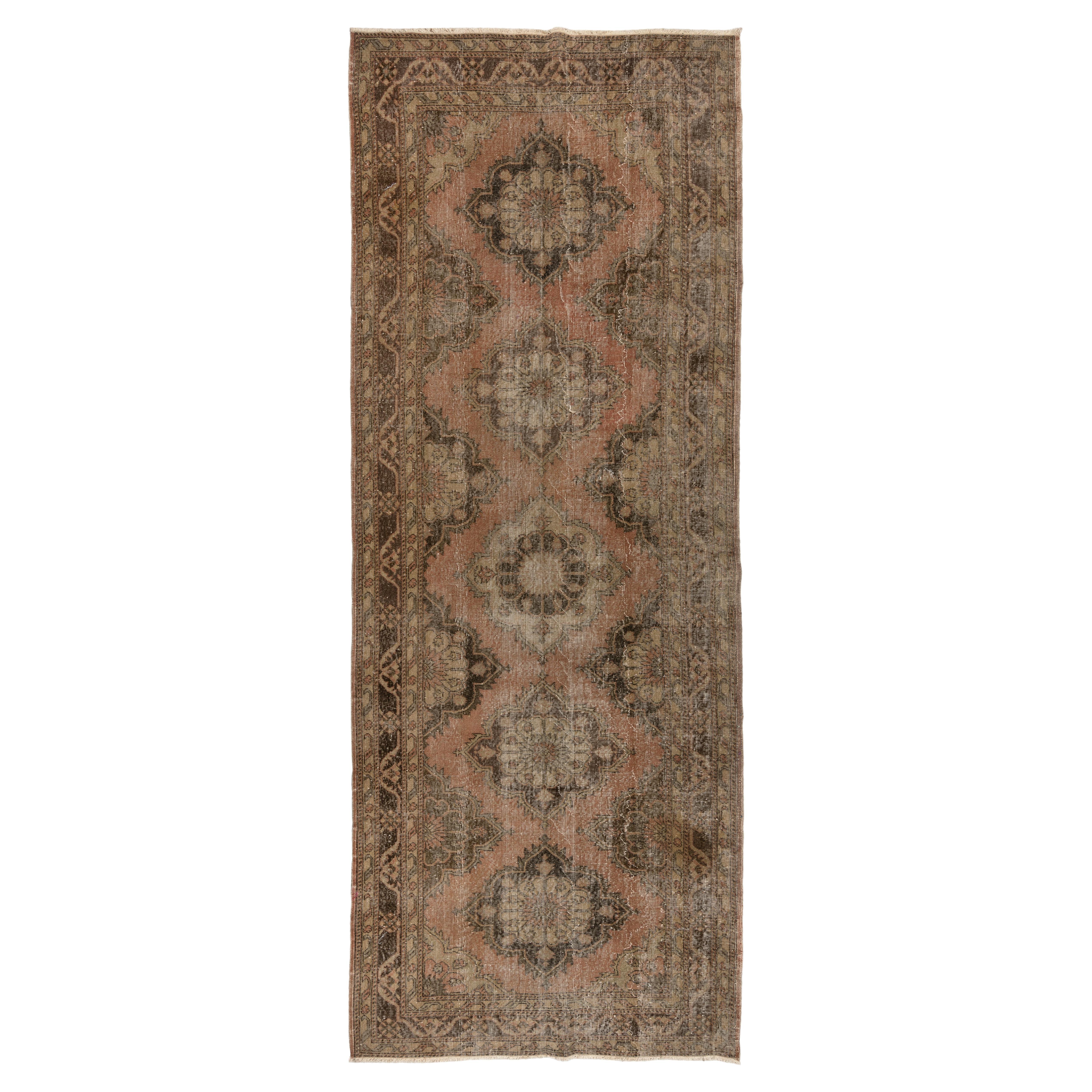 4.8x12.8 ft 1960s Handmade Wool Runner with Medallion Design in Earthy Colors For Sale