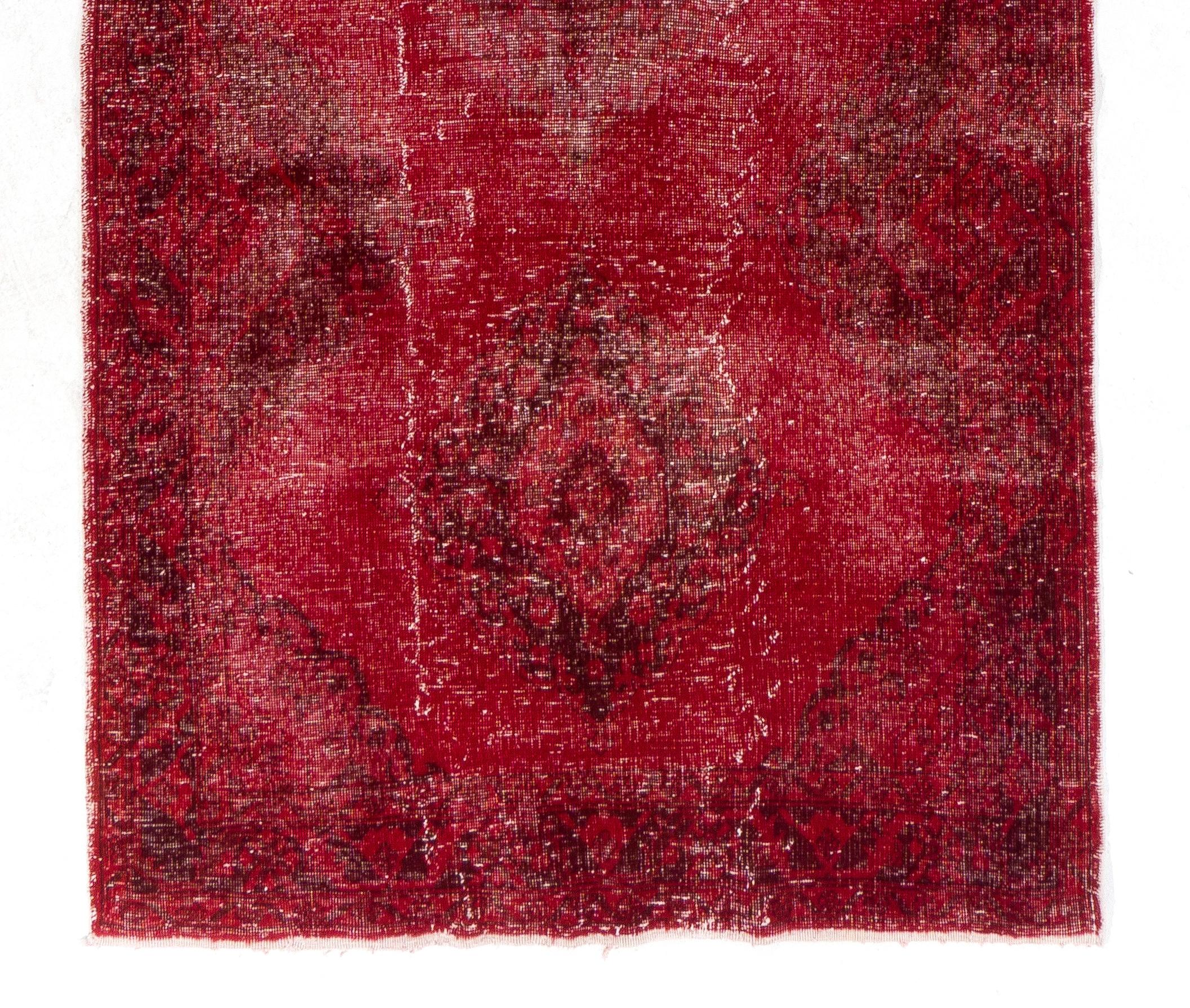 Hand-Knotted 4.8x13 Ft Distressed Vintage Turkish Runner Rug in Red. Modern Handmade Carpet For Sale