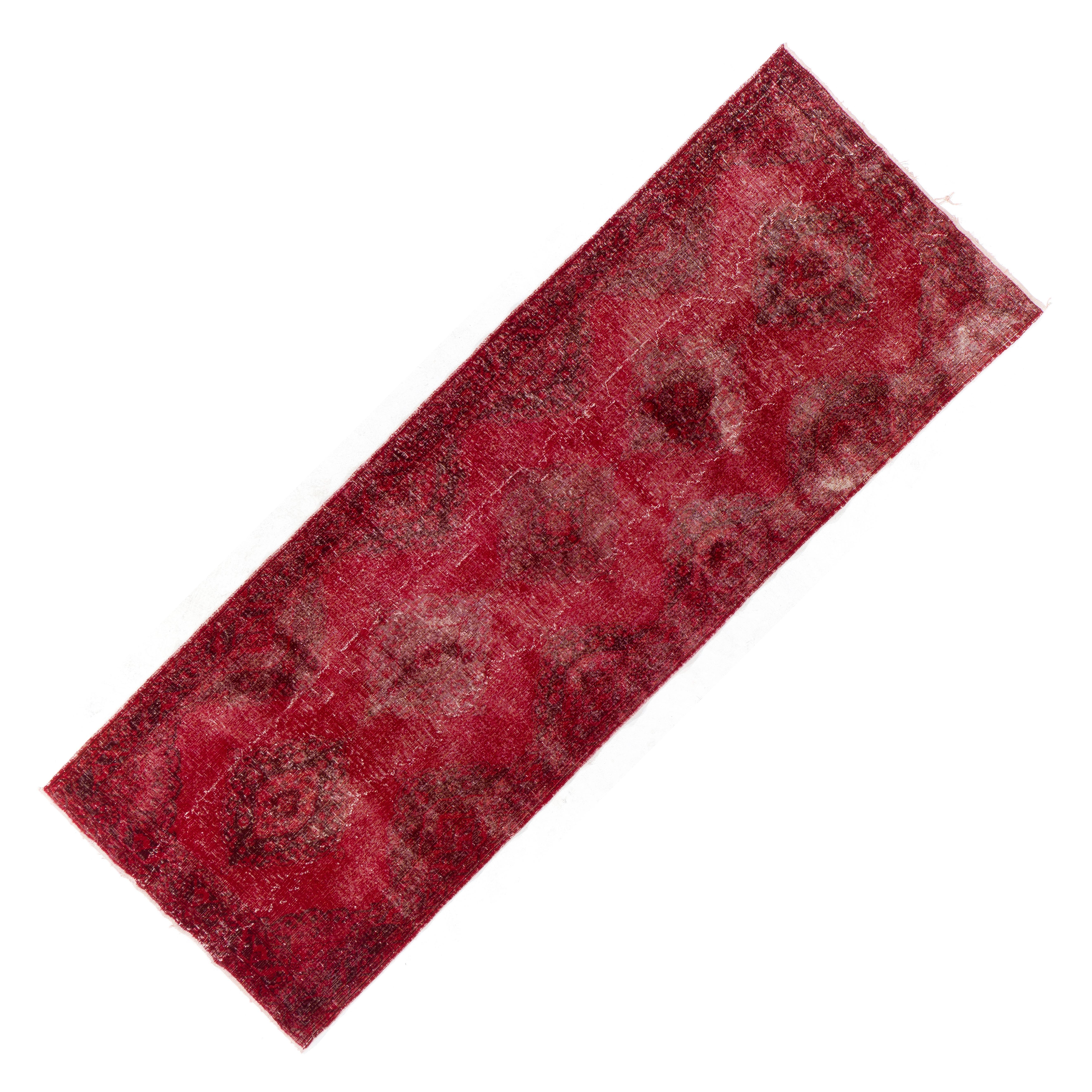 Mid-20th Century 4.8x13 Ft Distressed Vintage Turkish Runner Rug in Red. Modern Handmade Carpet For Sale
